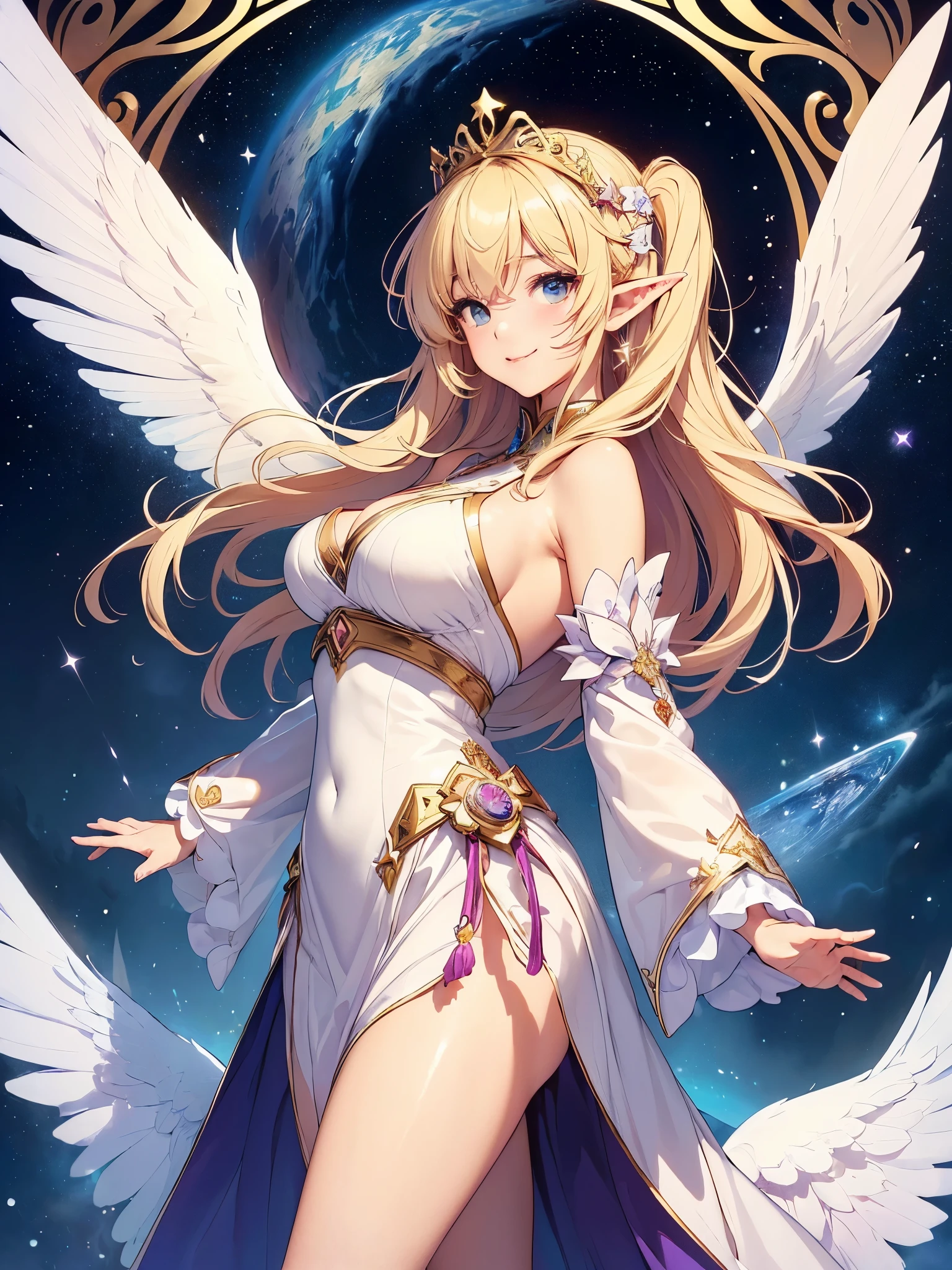 highest quality、Highest image quality、masterpiece、dynamic angle、bold composition、Angle seen from the side、Composition seen from the side、3 meter giant wings、flap your white wings、violently、強くuniverseに飛び立つ、beautiful profile、beautiful thighs、Titania、Super beautiful elf beauty((22 years old OL big bust、bust 90,beautiful long ironed hair、blonde、Height: 165cm。slender、sexy、Esbian、beautiful tiara、night、High quality、美しいart、background((starry ski)))muste piece、ビジュアルart、Depth of the bounds written、、elf ears、光のmagic、universe、A happy smile、gentle light、、Very powerful、Impact、jump!、ticker beautiful decorative、elegant、mystical rosa、 the sky、beautiful dressy、beautiful dress、dance、giant galaxy、myth、ART、Lord of the Ring、sexy、friendly smile、Fantastic、universeのmagic、Earth、magicの光、fantasy、flower、super REALITYたくさんの薔薇、magic、universeを飛ぶ、、Grow fantasy、、mysteryの光、Art nouveau、alphonse Mucha、、art、art,mystery,UHD,magicalgentle light,sexy