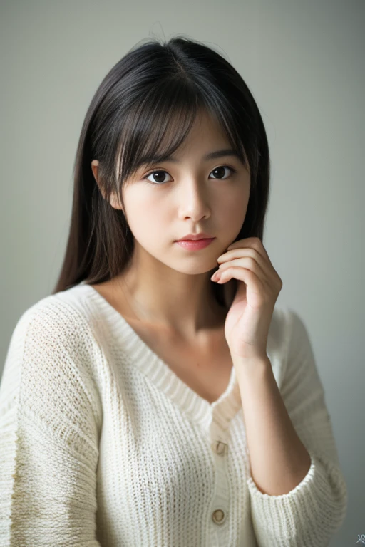 highest quality，masterpiece，ultra high resolution，（realistic：1.4），（Turn off portraits）Raw photo，Female student，masterpiece，realistic pictures，japanese pictures，fujifilm negative，low saturation，low contrast，Medium chest、white mini knit sweater、whole photo