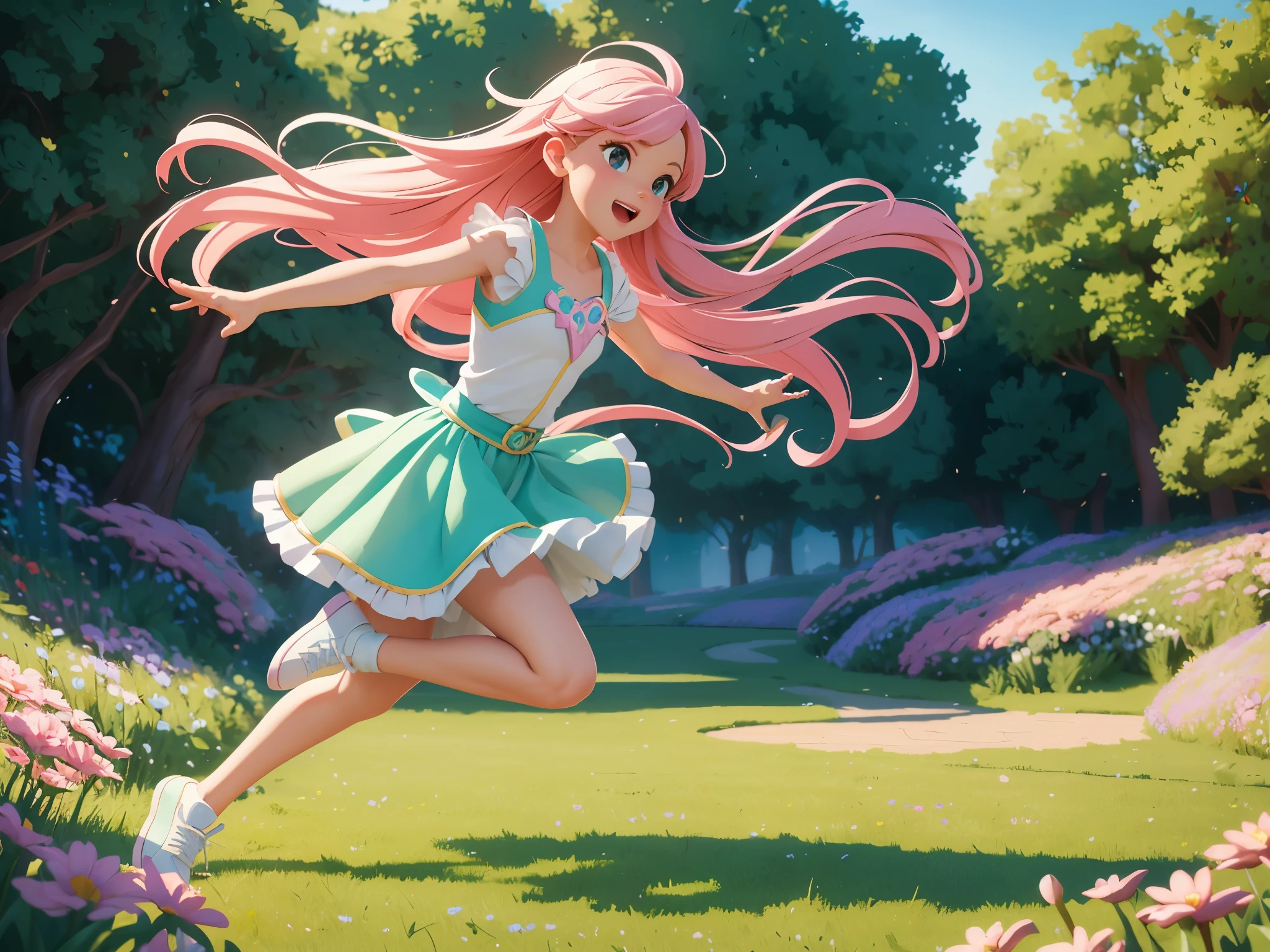 (best quality,4k,8k,highres,masterpiece:1.2),pixel art,girl jumping and running,pastel colors,soft lighting,emphasis on movement,playful expression,grassy field,coloful flowers,flowing hair,animated background,expressive eyes,bouncy legs,twinkling stars,delicate details,cute outfit,energetic poses,vibrant atmosphere,comic book style,whimsical elements,eye-catching composition,stylish sneakers,striking contrast,fantasy-like feel,joyful character,sketchbook-like textures,light and airy mood,shadows adding depth,life-like animations,colorful trail following her movements,creative and dynamic poses,imaginative background,exaggerated proportions,dynamic lines,girlish charm,euphoric atmosphere,quaint environment