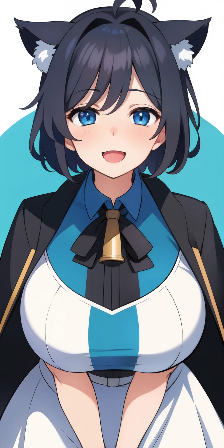 on lap,((((upright)))), ((((stand up)))), looking at the viewer, simple background、white background, 1 girl, open your mouth, smile, Virtual YouTuber、with a girl、((highest quality, expensive_solve, clear_image)),(black hair), (black cat ears), (Ahoge), (ridiculously short hair), (wavy hair), (blue eyes),、laughter、very big breasts、((concept art))、((front))、I can see the cleavage、Dressed sexy