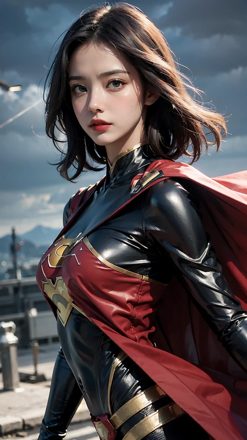 Woman wearing detailed SuperMan costume with full sleeves covering the entire body, short black hair, serious face, (flying in sky), vivid colors, dramatic lighting, red cape, cinematic costume, carbon fiber detailed suit,