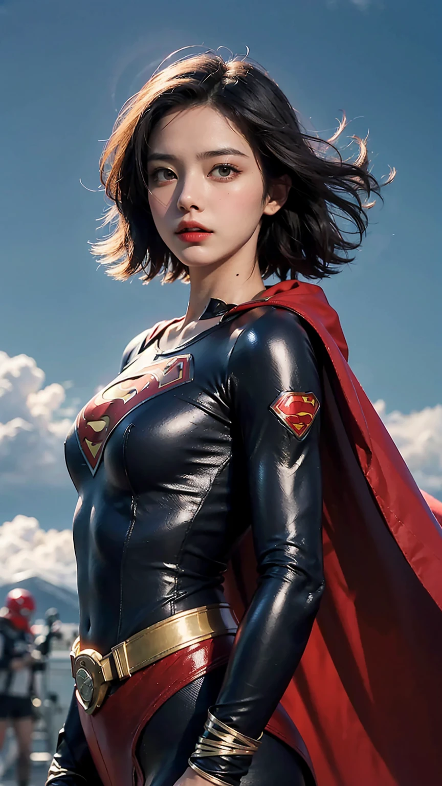 Woman wearing detailed SuperMan costume with full sleeves covering the entire body, short black hair, serious face, (flying in sky), vivid colors, dramatic lighting, red cape, cinematic costume, carbon fiber detailed suit,