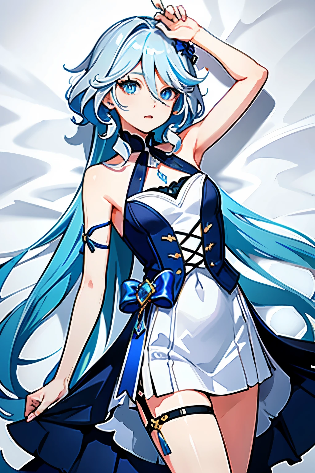 Furina, 1girl, high quality, best quality, masterpiece, (highly detailed:1.2), (extremely detailed:1.3), flat chest, bare shoulders, sleeveless, string ribbon, young girl, armpits