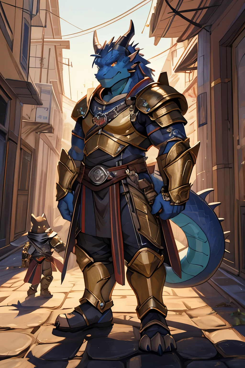 1boy, ((dragonborn)), blue scales, red eyes, ((gold armor)), ((full armor)), strong, brave, chubby, (detailed face), full body