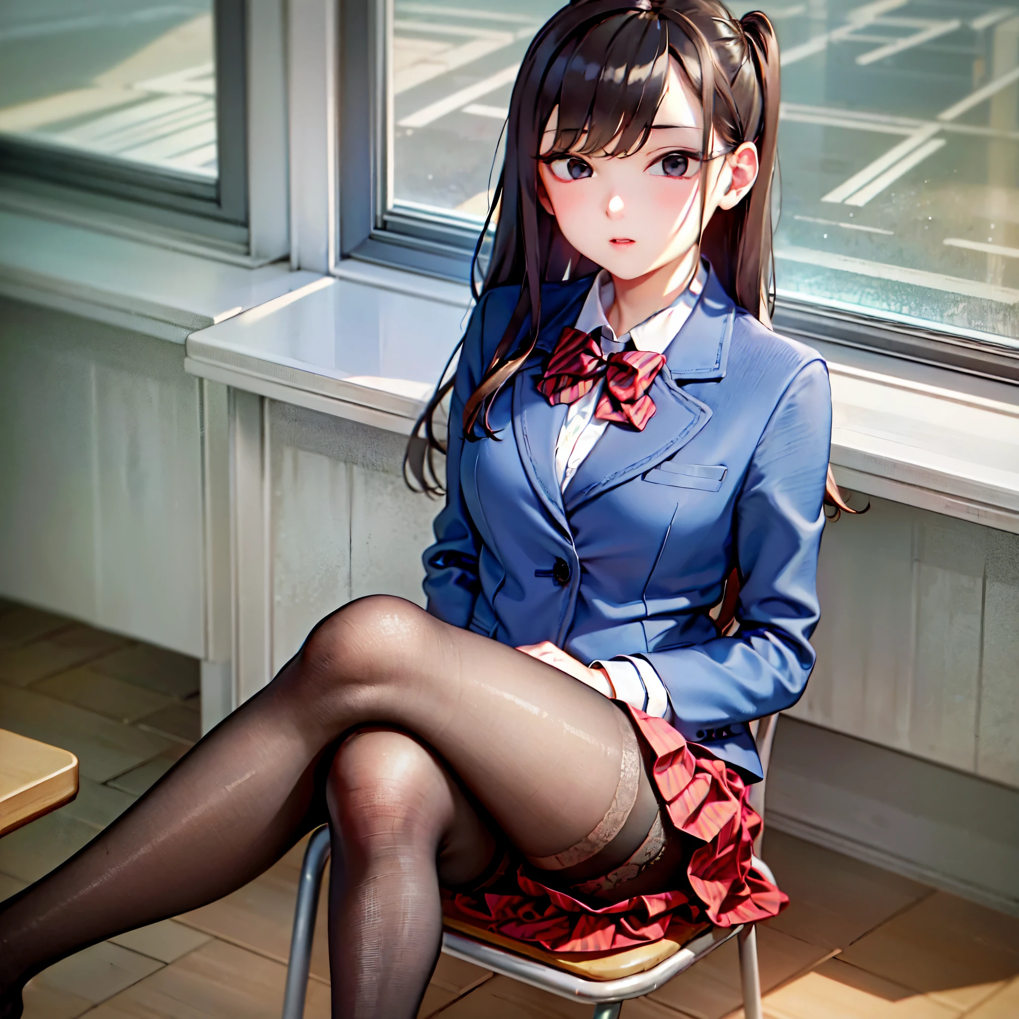 komiShouko, masterpiece, best quality, absurdres, 1girl, looking at viewer, v arms, pantyhose, classroom, school uniform, red skirt, red bow, blazer, window, sitting, chair, crowd,crossing legs,medium thighs.