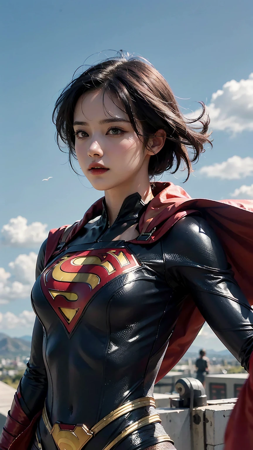 Woman wearing detailed SuperMan costume with full sleeves covering the entire body, short black hair, serious face, (flying in sky), vivid colors, dramatic lighting, red cape, cinematic costume, carbon fiber detailed suit,