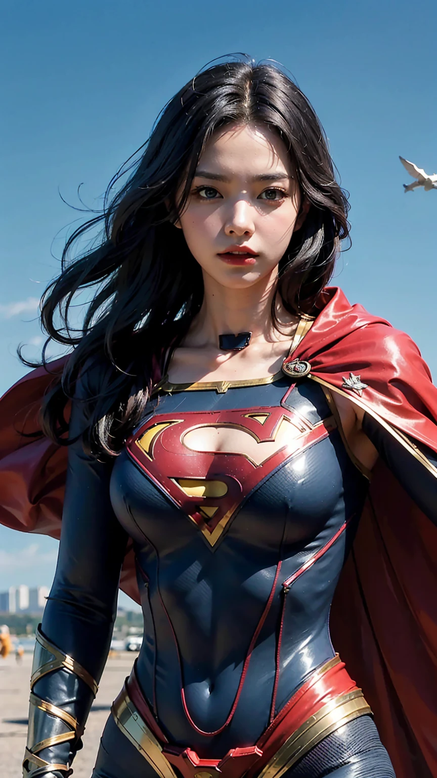 Woman wearing detailed SuperMan costume with full sleeves covering the entire body, short black hair, serious face, (flying in sky), vivid colors, dramatic lighting, red cape, cinematic costume, carbon fiber detailed suit,