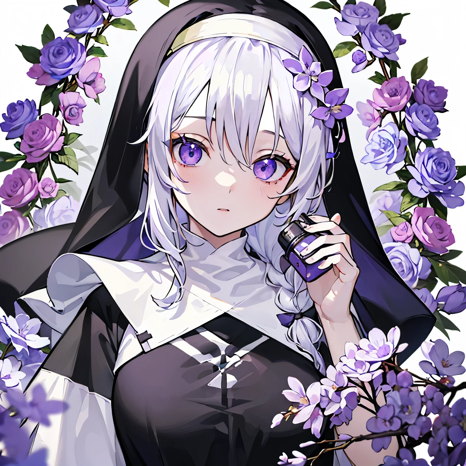 (masterpiece、4K、detailed)cute nun、white hair、braid、one person、Upper body、looking at the camera、purple eyeysterious、The background is filled with purple flowers