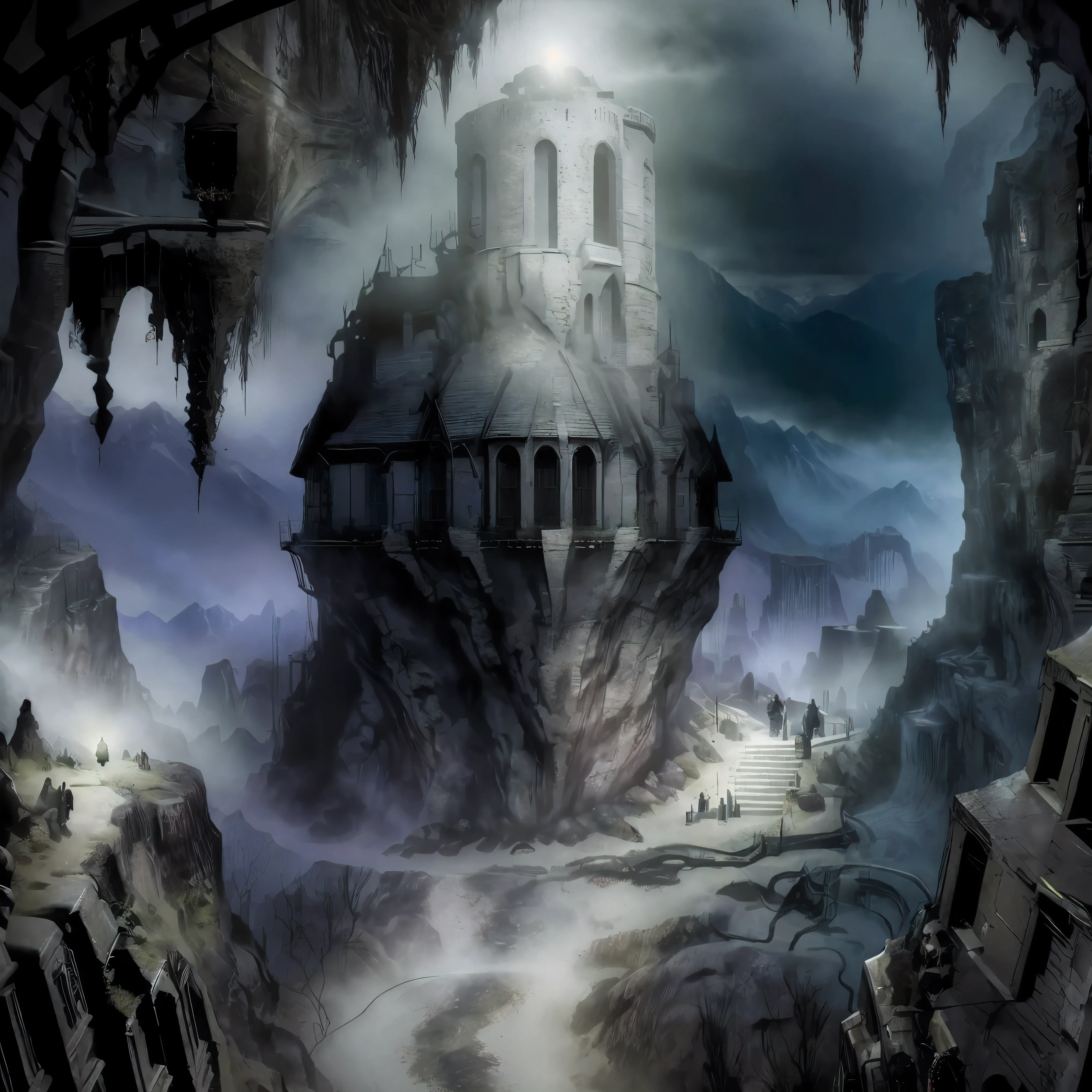 (monster dungeon),lair,(mine),rock,crystal,(Endless darkness),towering mountains,ups and downs,View from the edge of the cliff,There is no sky,(dark),extremely gloomy,boring,cold and cold