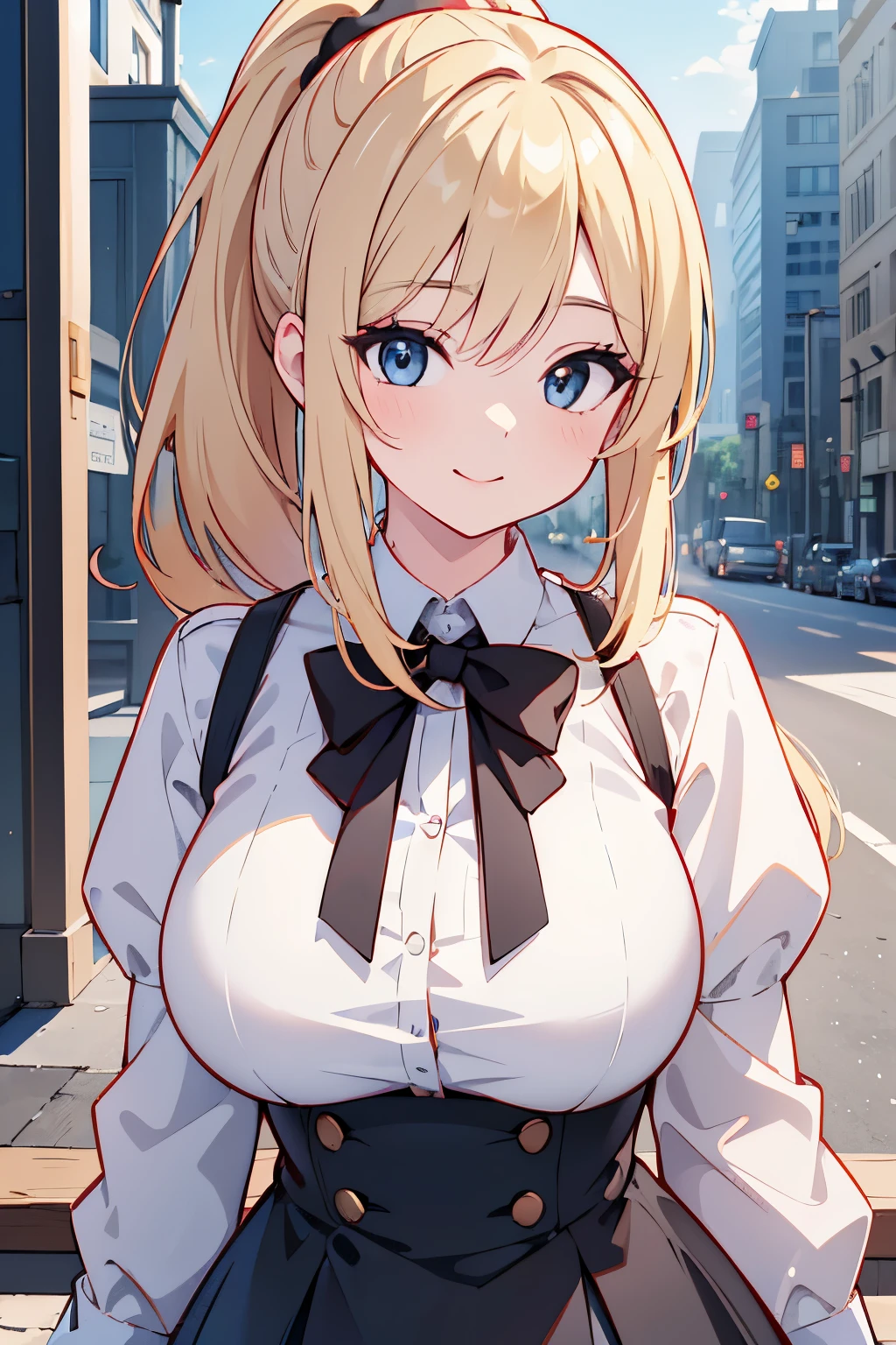 (master piece:1.2), (best Quality:1.2), (ultra detailed:1.2), (highres:1.2), 4k, 8k, from front, upper body, look at viewer, light smile, beautiful detailed eyes, ponytail, middle hair, light blonde hair, black eyes, school uniform, , Eyeshadow, curvy, large breasts, city,