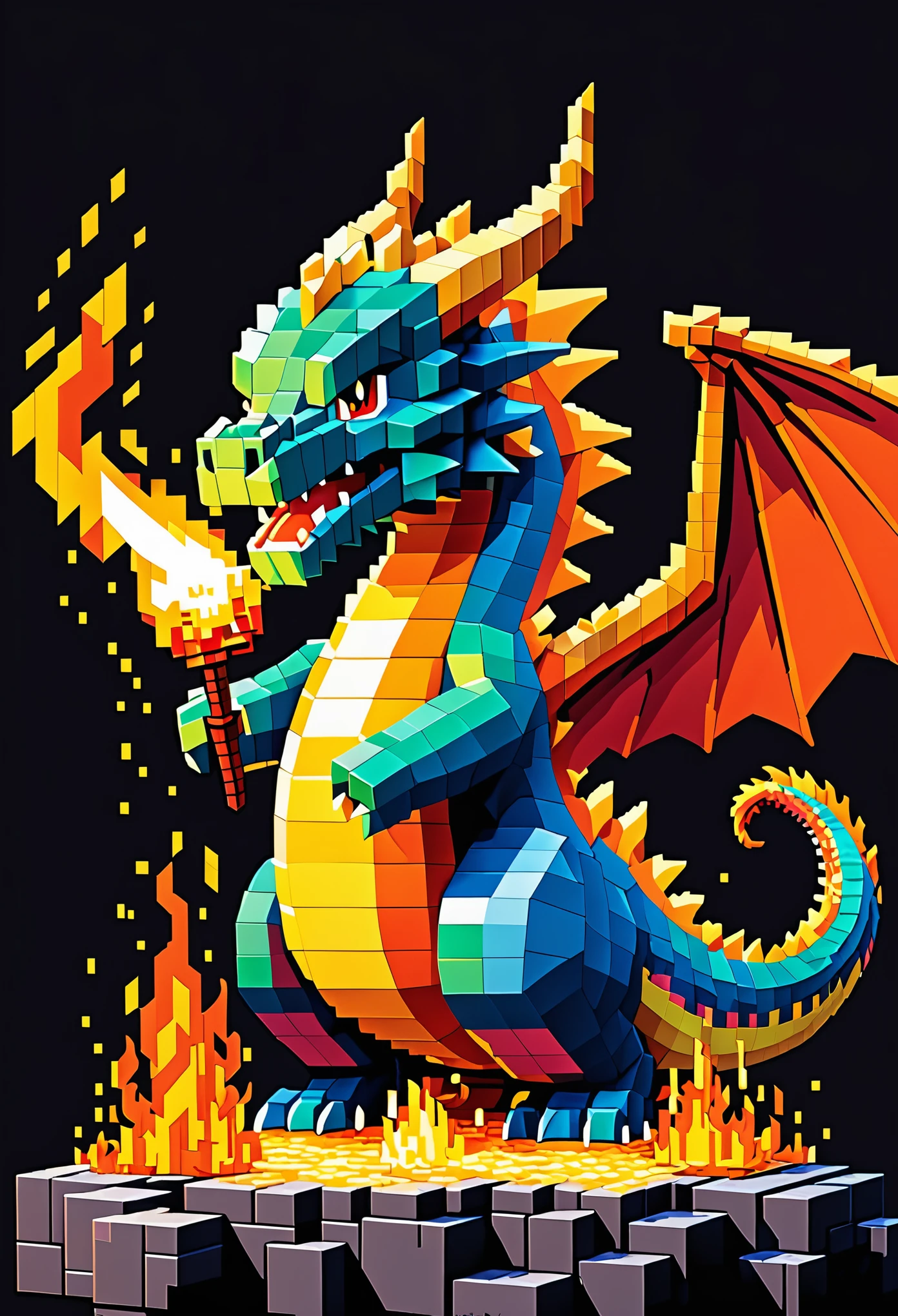 A pixel art dragon (blocky) breathes fire, a video game title in the flames