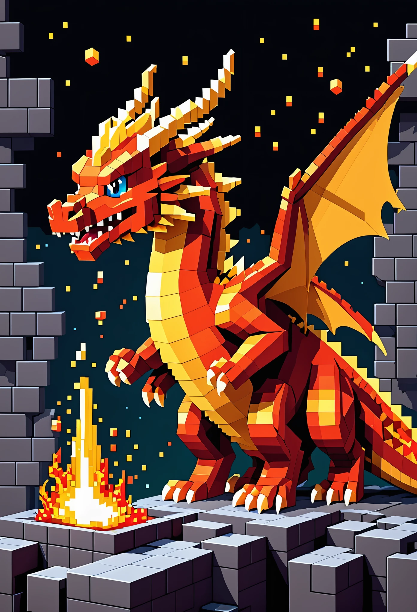 A pixel art dragon (blocky) breathes fire, a video game title in the flames