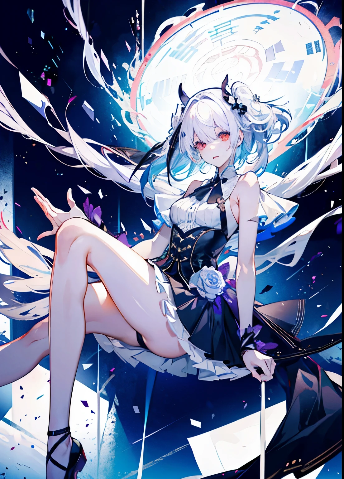 1 girl, alone, long hair, Eye, skirt, white skirt, white hair, looking at the audience, light particles, shut your mouth, indoors, , sleeveless, bare shoulders, Bangs, , head tilt,black Rose, 美丽细致的Eye, 1 girl, (8K, original photo, best quality, master:1.2), (actual, photo-actual:1.37), alone, super detailed, long shot, beautiful background,,there is none left内衣,there is none left.(perfect hands, Have perfect legs,perfect feet,perfect anatomy),Silky feet,black pantyhose,M type,transparent,big breasts,long legs,,low cut,take off shoulders,lift your legs,correct body posture,right leg shape,correct body proportions,correct thigh,suitable shoes,