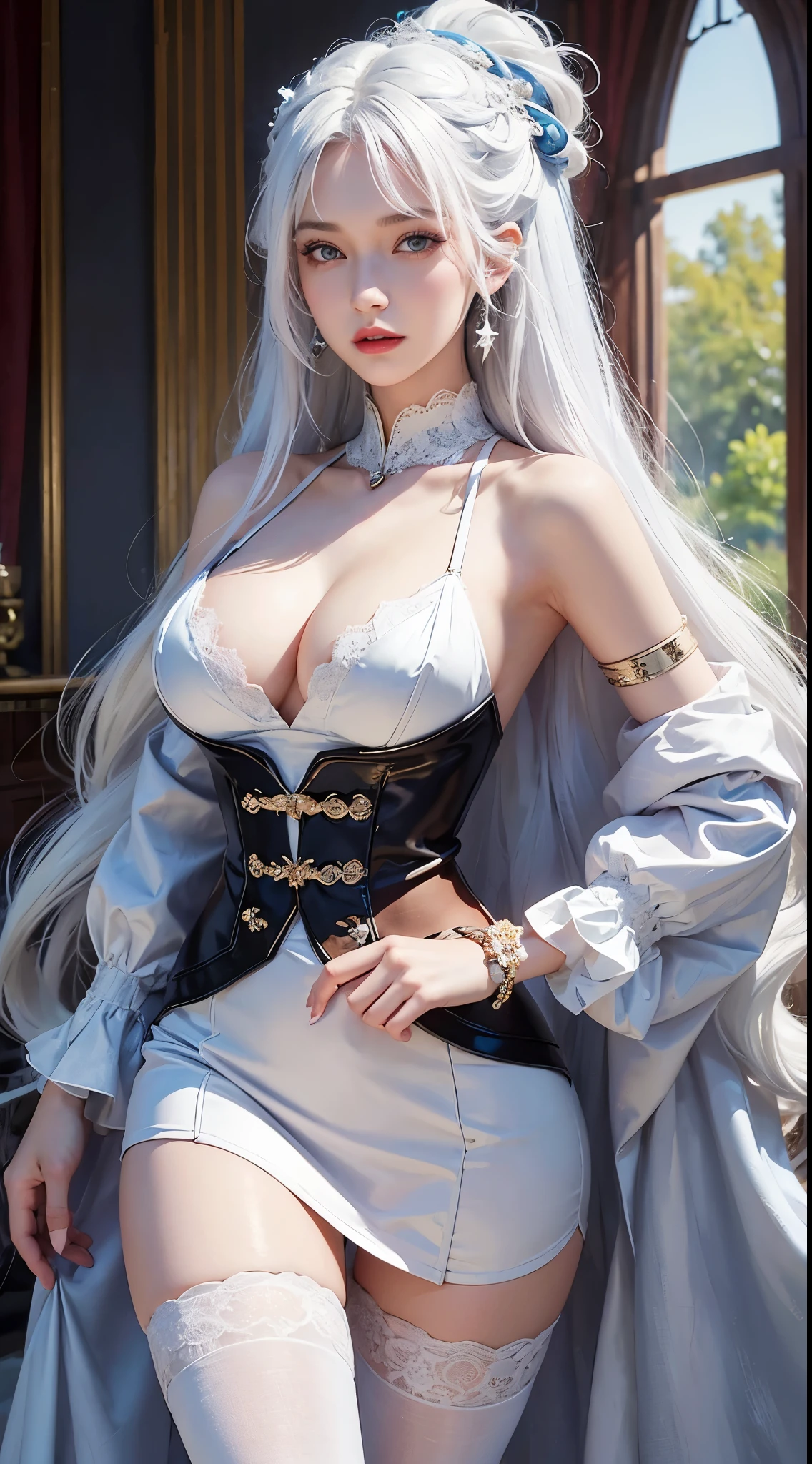 (((Colorful hair, [White hair]))), Ultra-realistic 8k CG, picture-perfect face, flawless perfection, Clean, tmasterpiece, professionalartwork, famousartwork, movie lighting, cinematicbloom, s the perfect face,(young:1.2),((20yr old)), pretty face, pretty eyes, (((Perfect female body, Willow waist))), Young princess, Royal, Holy, goddes, Holy, (royal palace), fanciful, It's like a dream, unreality, scientific fiction, (normal:1.2), ta costume，Beautiful outfit, Lace, Lace edges, Lace-trimmed tights, NSFW,, Ridiculously long hair, Very long hair, (Rich:1.4), , 耳Nipple Ring, bangle, armlets, view the viewer,(Tong:1), (hand at hips), (Redlip), tight dress, tight dress, big breast, busty