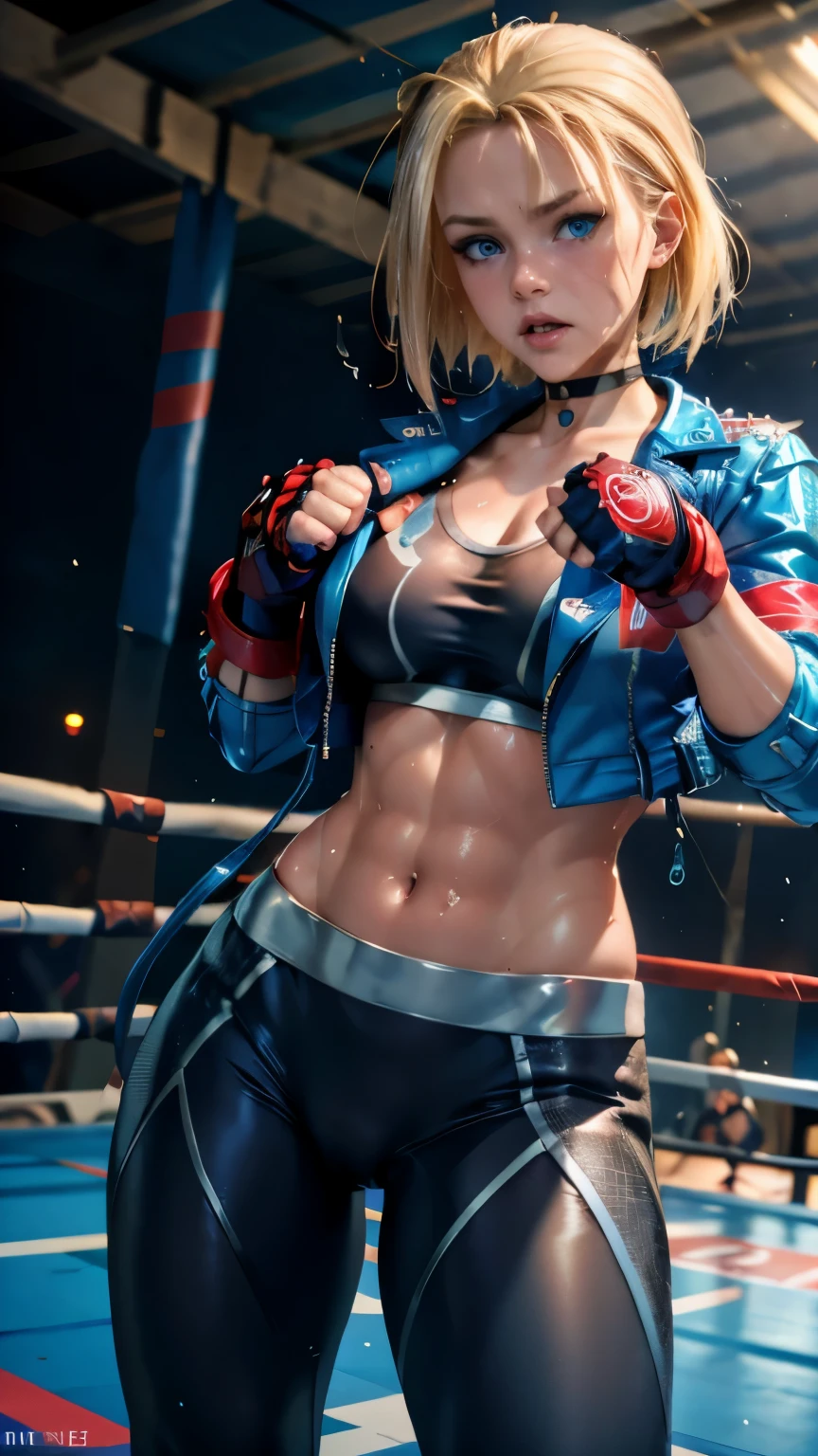 Photo of cammy white, standing, leggings, blue jacket, boxing ring, camera flashes, angry look, wet body, sweating, boxing, teeth visible,dripping sweat, tournament, landing a punch, boxing pose, sparkle, lens flare, with her long blonde hair, blue eyes, closeup,