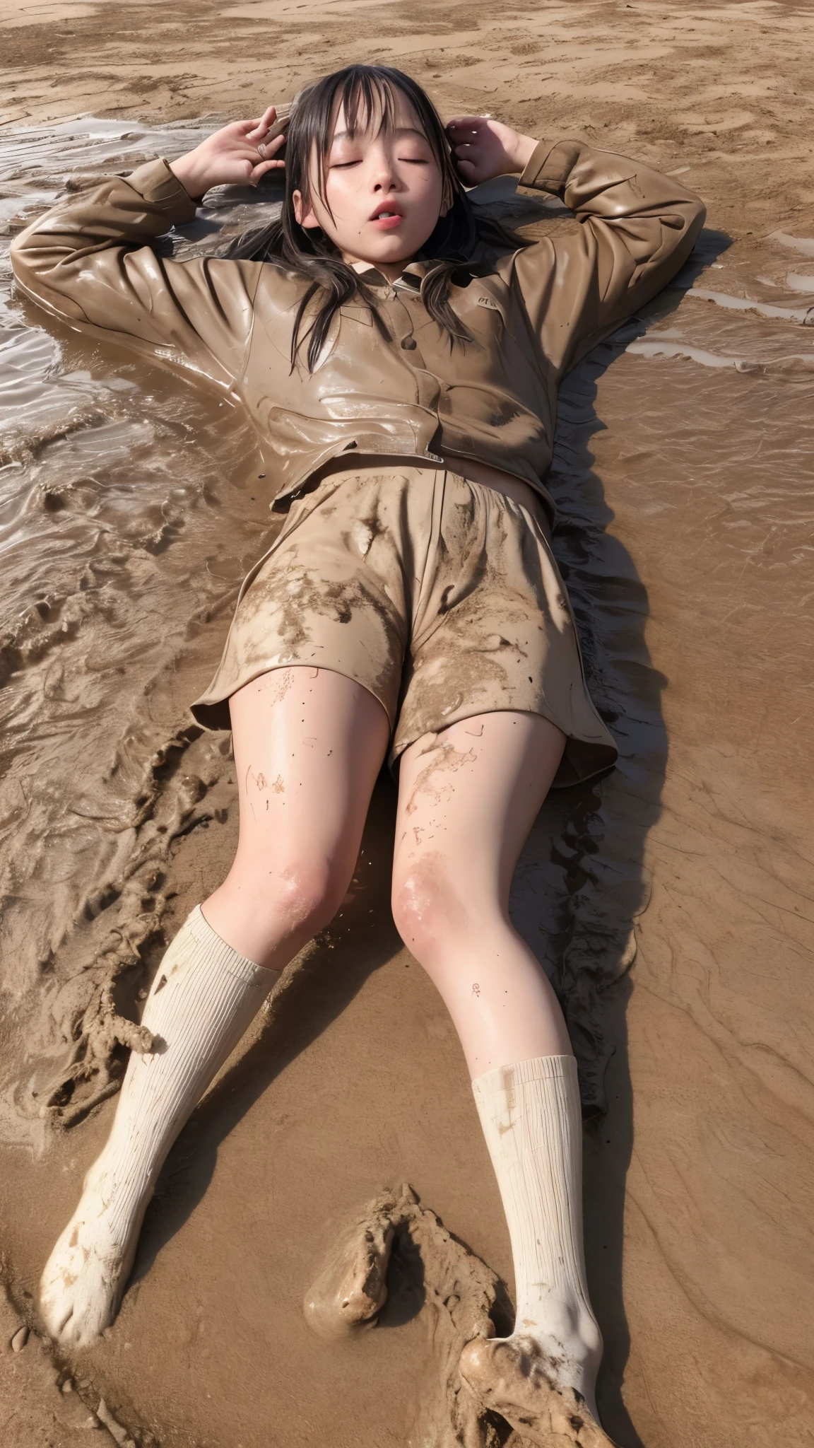 Raw photo, dynamic pose, dilapidated back alley, (lying on ground), money scattered, ripped clothes scattered around, 1girl, pale skin, ((dirty, muddy):1.2), nude, glooming, messy hair, delicate face, looking nowhere, spacing out, tears, innocent, hot, sexy, ripped school blouse, (huge breasts), small waist, loose vagina, running shoes, masterpiece