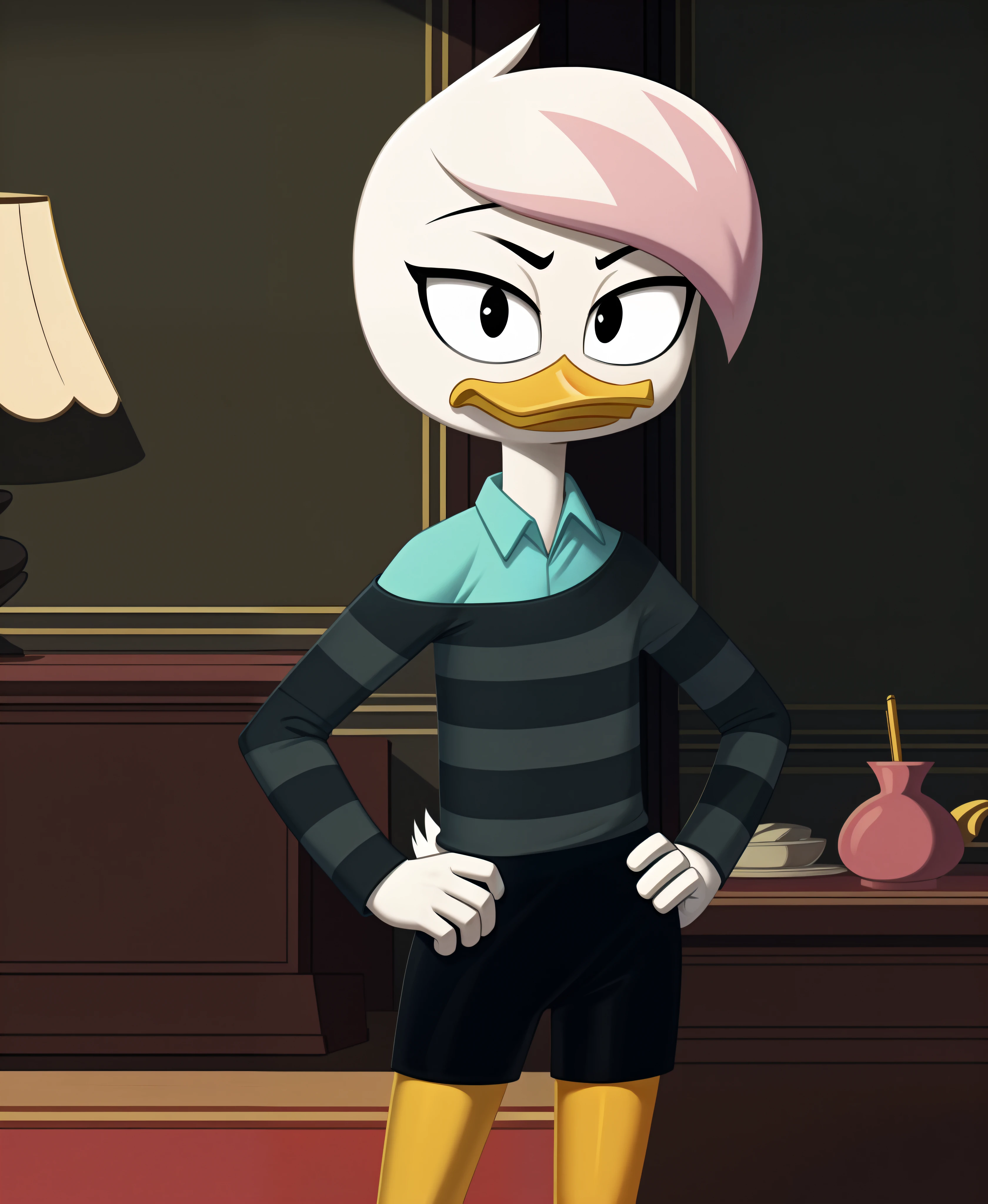 (by drockdraw:1.2) (by chelodoy:1) (by ashraely:1) lena sabrewing, white skin, white hair, pink highlights, long sleeves, striped shirt, teal dress shirt, orange legs:1.2, tsundere:1.3, black eyes, scut tail, ducktales, eyeliner, off shoulder, beak, short hair, standing, solo:1.2, duck, beak, black shorts, tight shorts, hand on hip, wide eyes, eyeliner, black eyes, off shoulder, short hair (mansion background, inside:1.2)