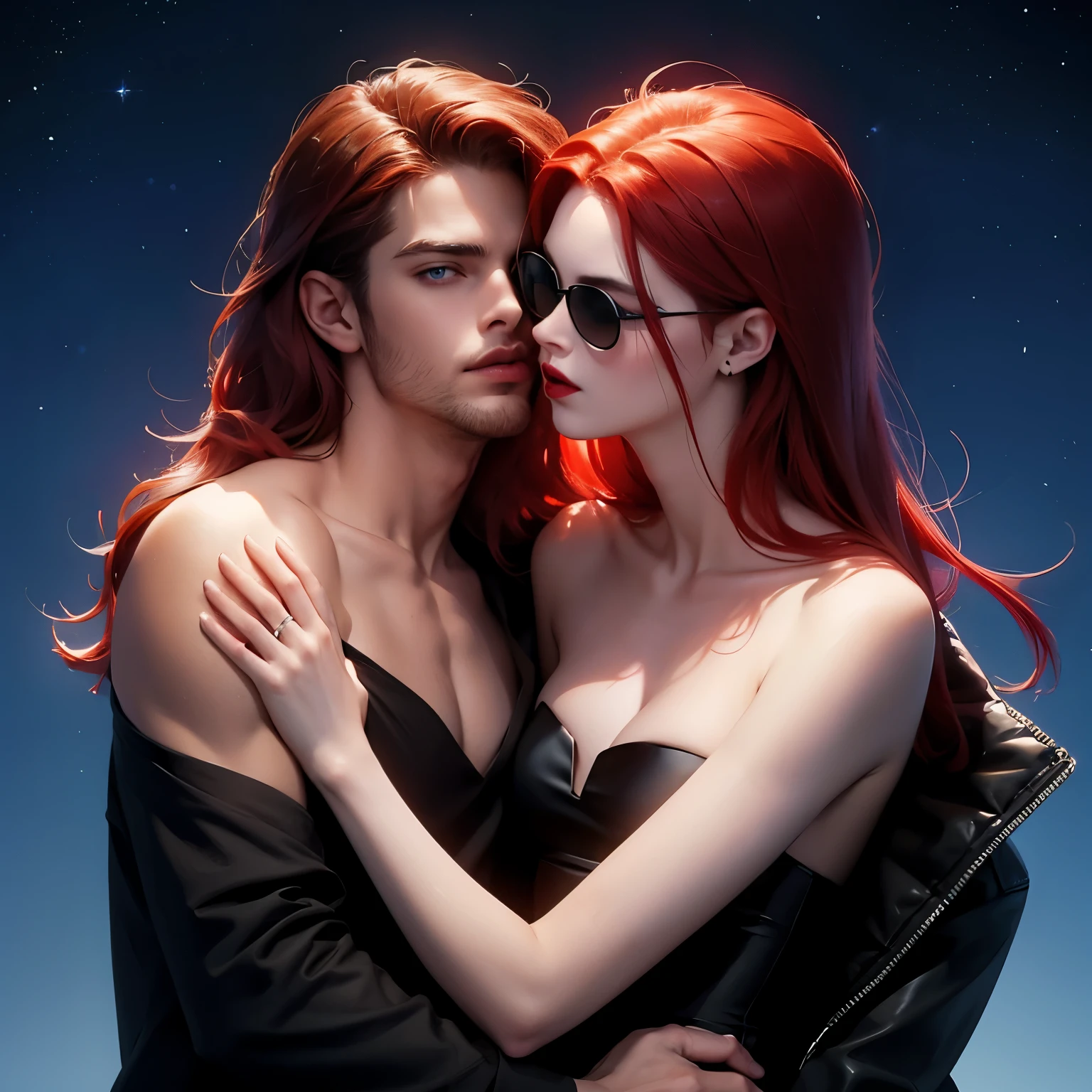 man with red hair, blue eyes, wear sunglasses, shaved beard, and a black suit. Hug and kiss a woman with long red hair, blue eyes, red lipstick, Wearing a strapless top and a night background with stars floating in the sky. Make your face perfect. Details are clear.. Up to 8K resolution, masterpiece, high art, laugh.