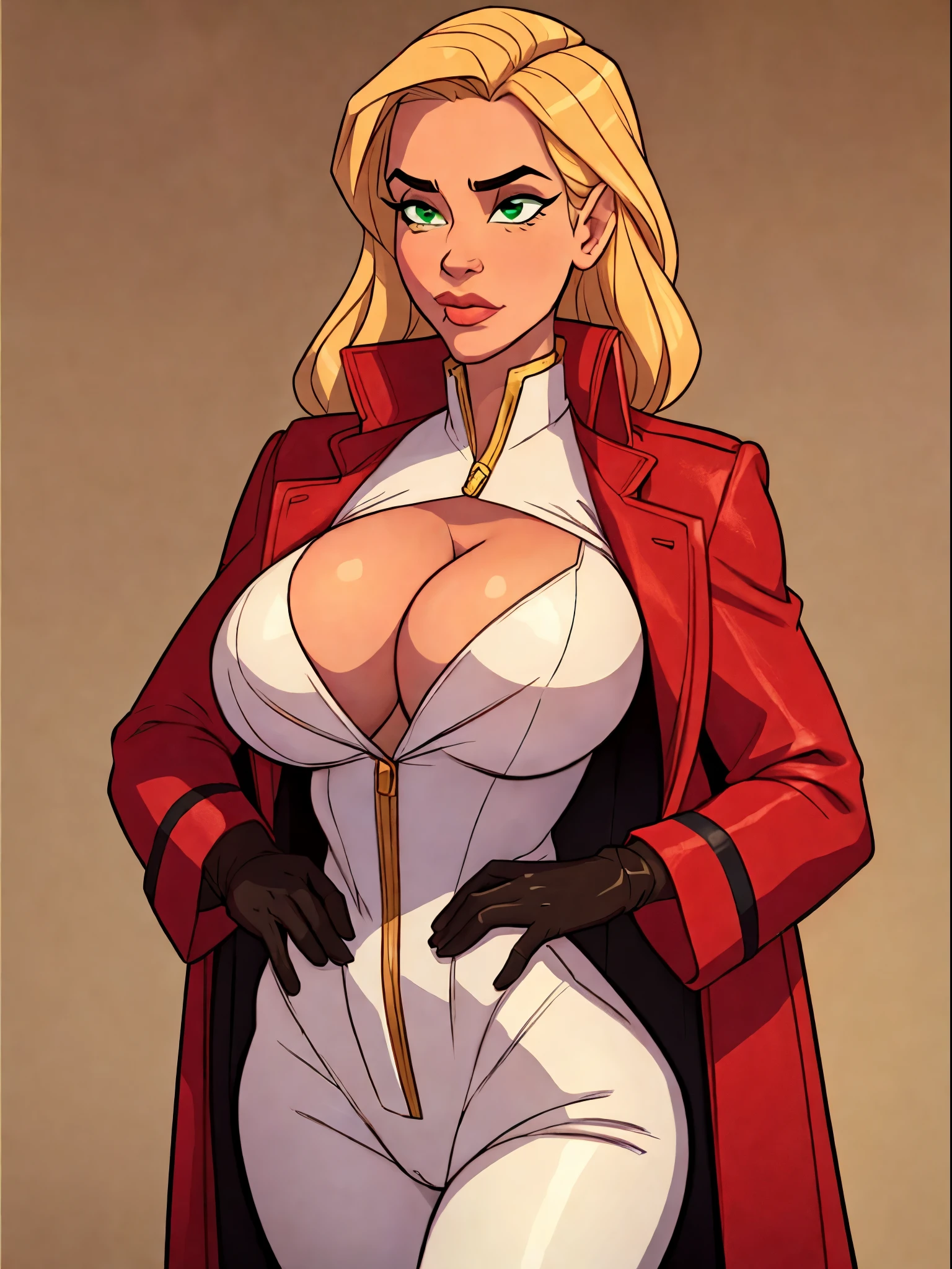 Lonely  girl, Tall stature, little chest, closed mouth, Slavic appearance: Green eyes; blond hair; sharp facial features; dimple on the chin; Straight nose; high nose; pronounced high cheekbones; high forehead, stands upright, (gigantic breasts:1.4), detailed face, military uniform:  double-breasted overcoat; pants, Full-length painting, leather gloves