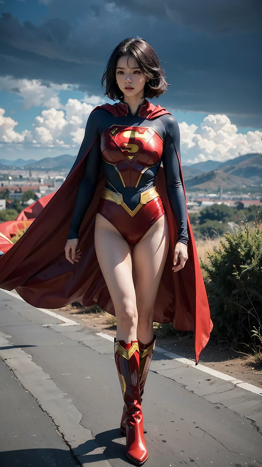Woman wearing detailed SuperMan costume with full sleeves covering the entire body, short black hair, serious face, (flying in sky), vivid colors, dramatic lighting, red cape, cinematic costume, carbon fiber detailed suit,red boots,long legs，slender legs，full budy picture