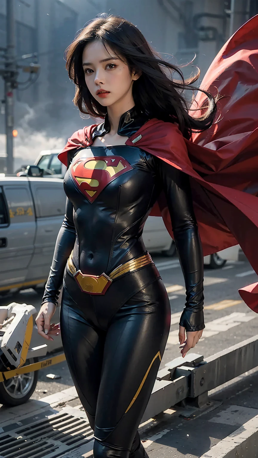 Woman wearing detailed SuperMan costume with full sleeves covering the entire body, short black hair, serious face, (flying in sky), vivid colors, dramatic lighting, red cape, cinematic costume, carbon fiber detailed suit,red boots,long legs，slender legs，full budy picture