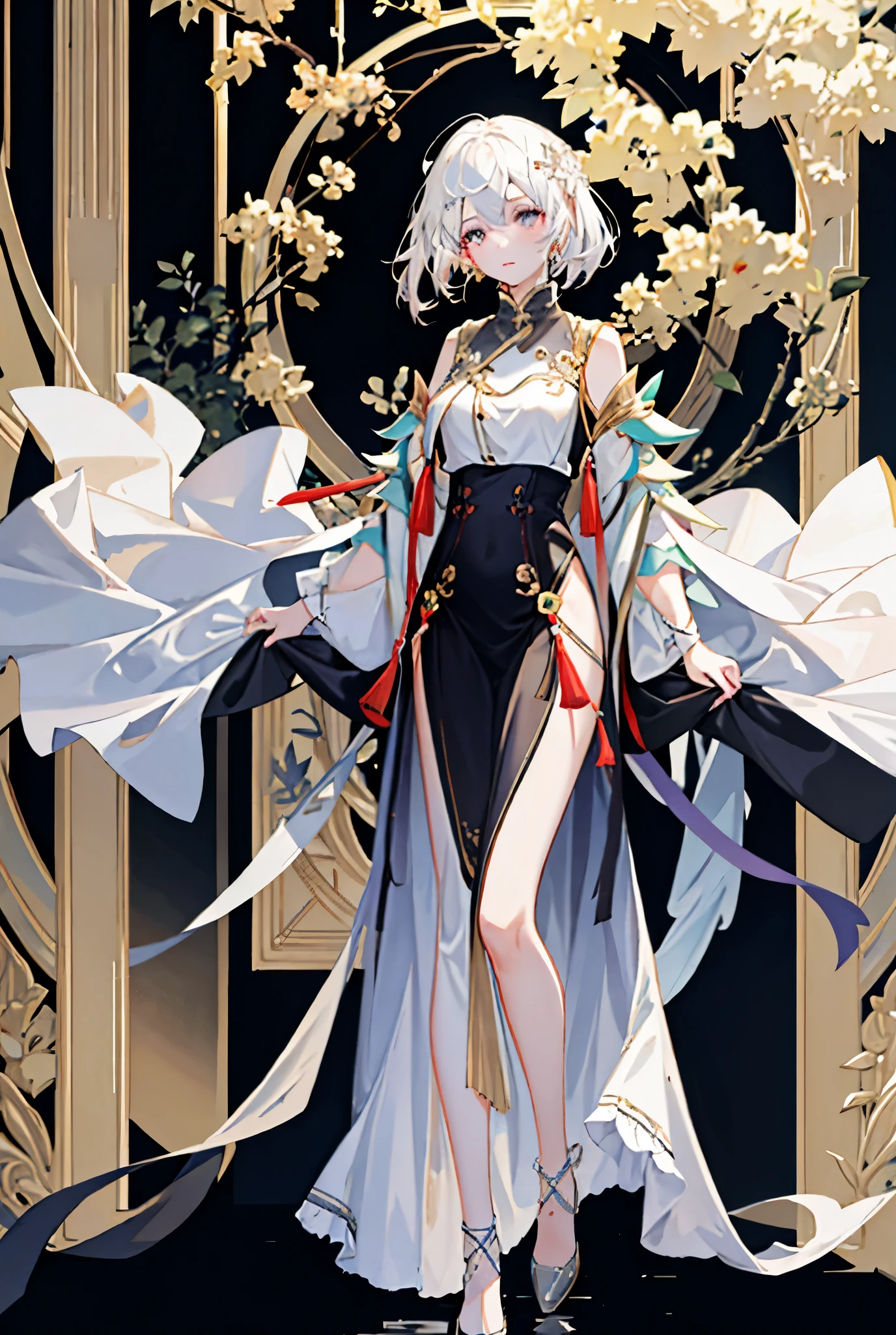 Very exquisite and beautiful CG illustrations, best quality, high resolution, dynamic angle, full-body shot, (1 girl), eyes and length, Straight white hair, floating, soft light, high key lighting)