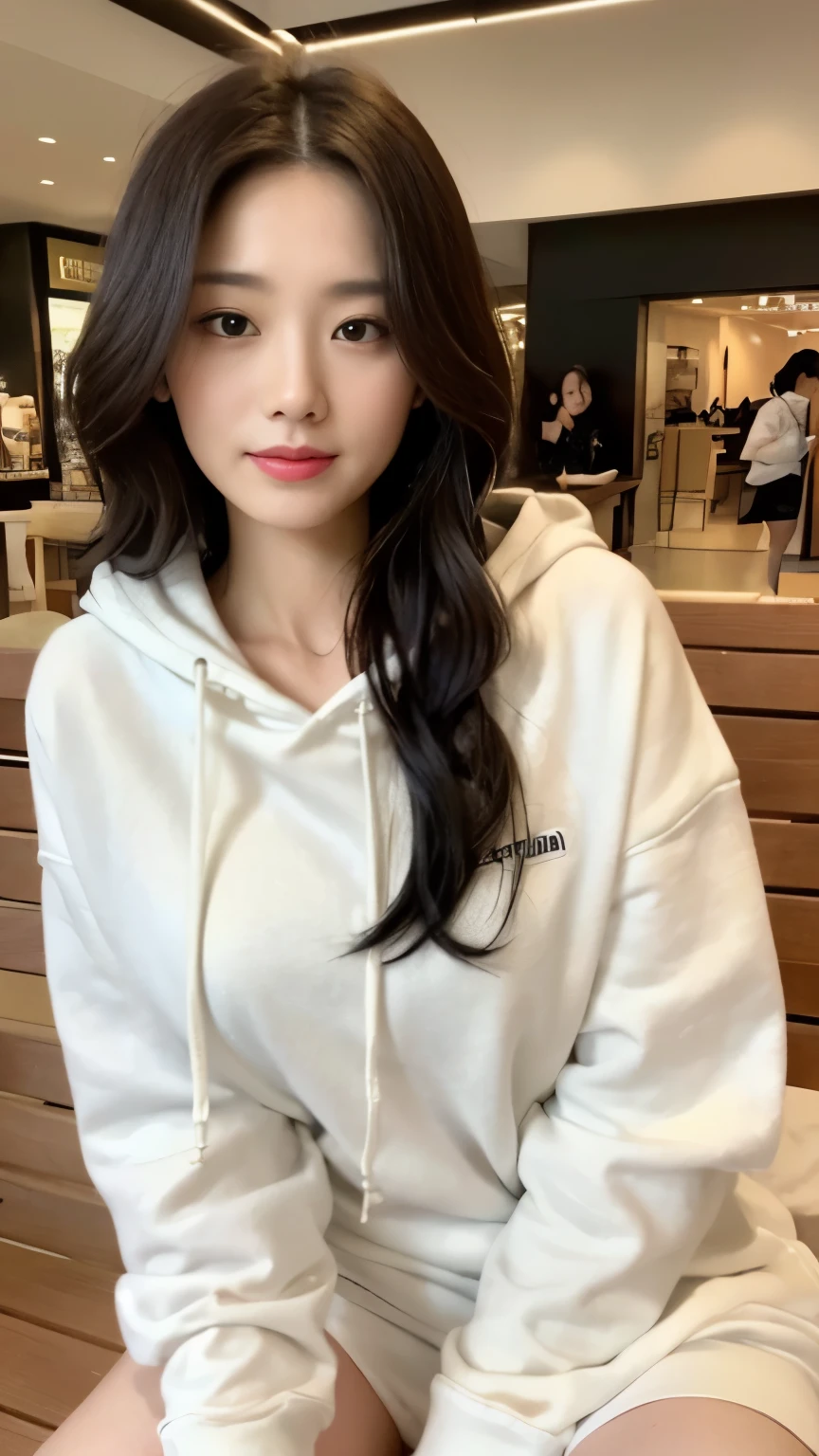 ((top-quality、8k、masterpiece:1.3))、Beautiful woman with perfect body:1.4、slim abdomen:1.2、Longhair, normal breast, Highly detailed facial and skin texture, A detailed eye, delicate eyes, double eyelid, (smile), (full body shot), ((shopping mall)), ((sitting in bench 1.2)), ((wearing white hoodie)), looking in front