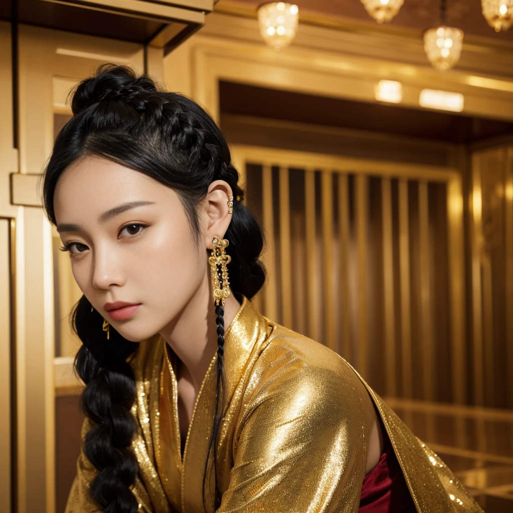 oriental woman , (black hair , braids) , elegant outfit , gold , gold detail , curvy , beautiful , earring , bar