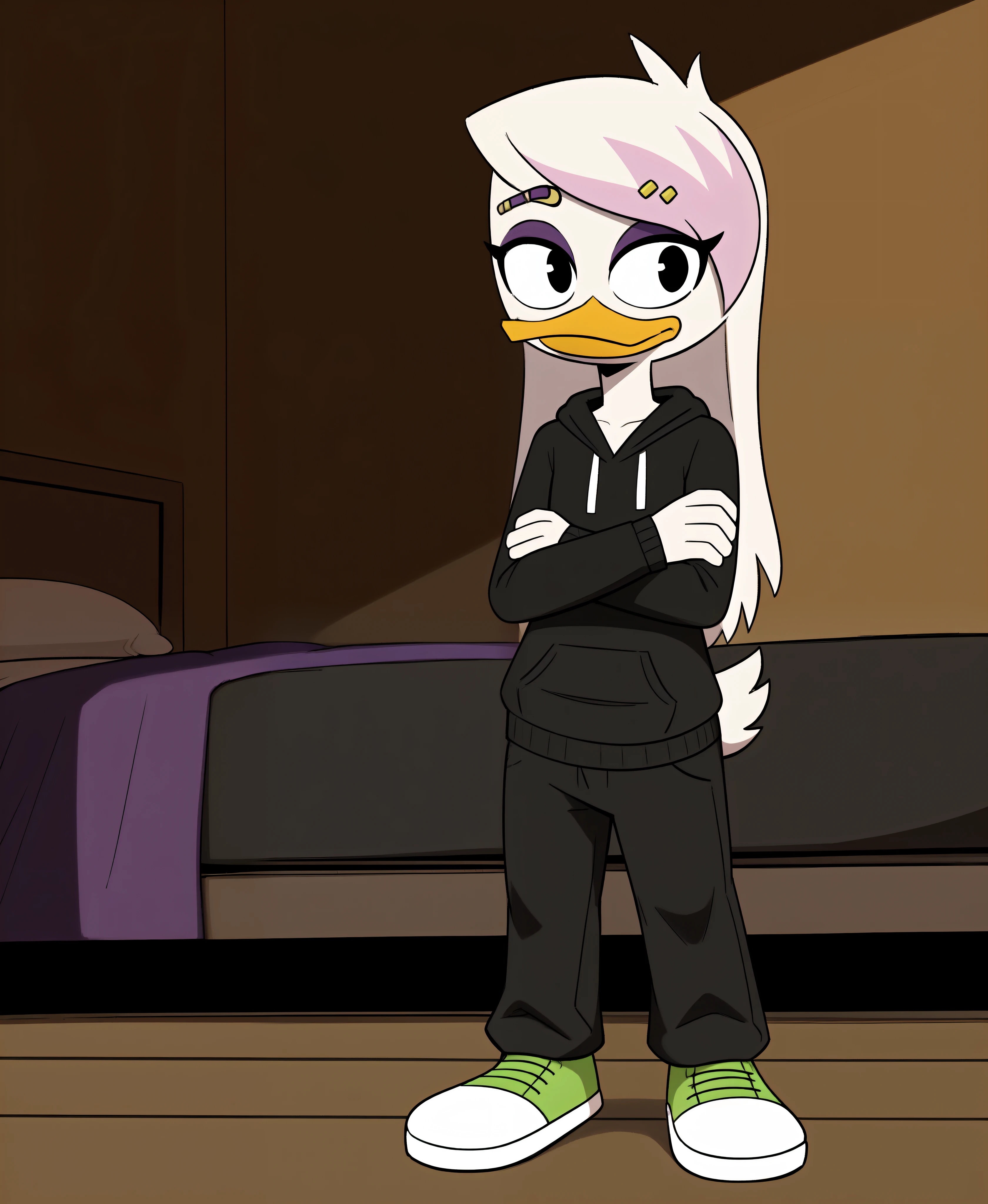 (by manmosu marimo, by waspsalad, by sssonic2:1.2) lena sabrewing, white skin, white hair, pink highlights, long sleeves, black hoodie, orange legs:1.2, emo, black eyes, scut tail, ducktales, eyeliner, black eyeshadow, beak, (long hair:1.4), eyebrow piercing, standing, solo:1.2, duck, beak, baggy pants, arms crossed, eyeliner, black eyes, sneakers, laces(sewer, bedroom, purple, inside:1.2)
