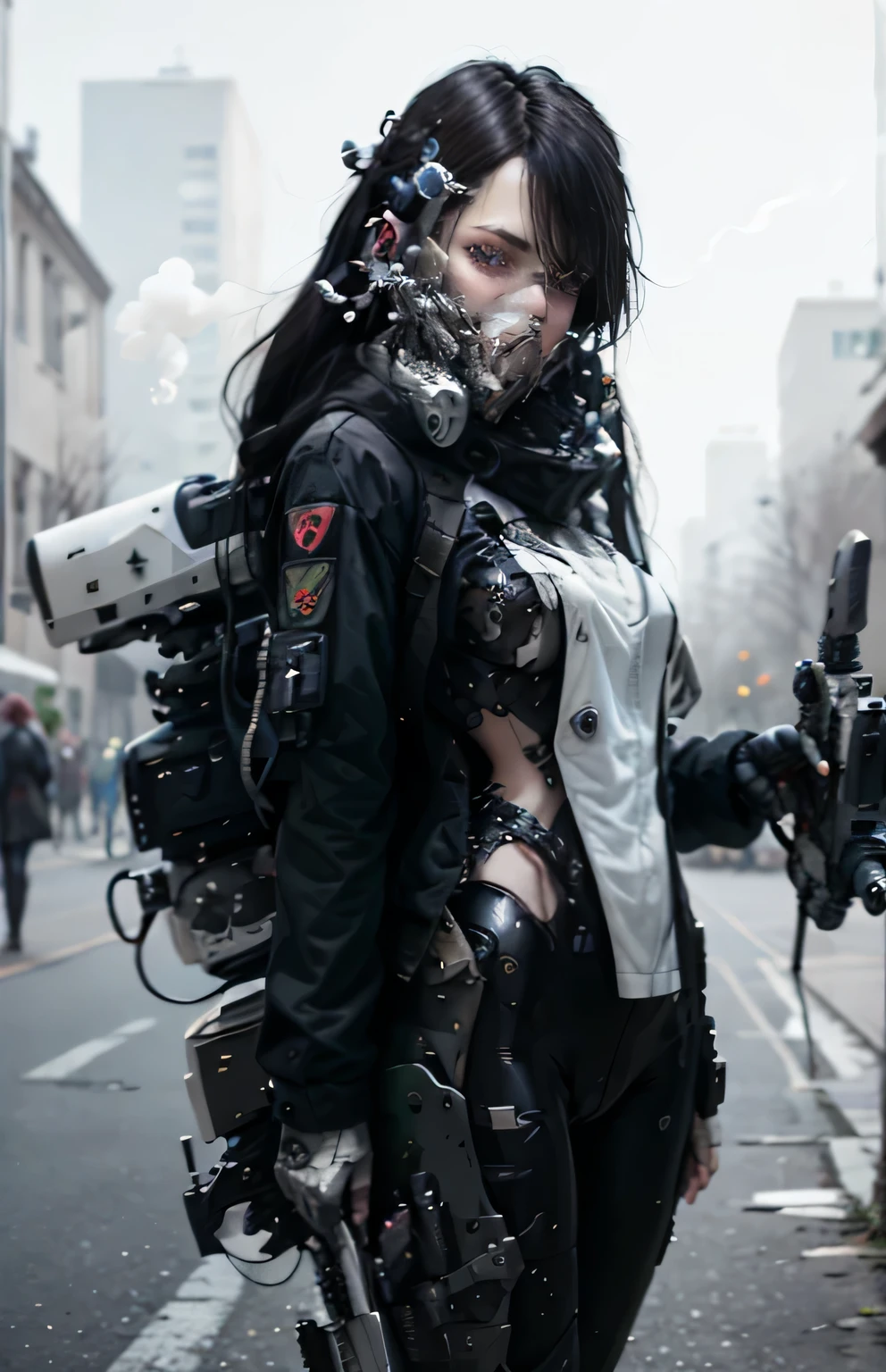 This is a CG Unity 8k wallpaper with ultra-detailed, high-resolution and top quality in cyberpunk style, dominated by black and red. In the picture, a beautiful girl with long white and messy hair, a delicate face, wearing a steam mecha mask, standing on the ruins, (battle damage: 2.5), and a woman holding a heavy sniper rifle in her hand, cocking her hips