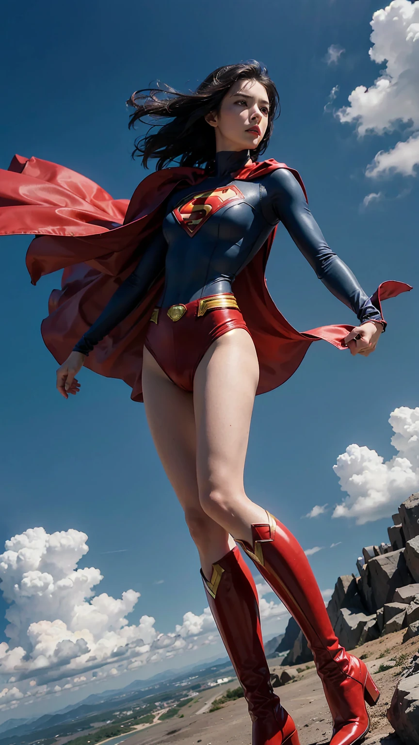 Woman wearing detailed SuperMan costume with full sleeves covering the entire body, short black hair, serious face, (flying in sky), vivid colors, dramatic lighting, red cape, cinematic costume, carbon fiber detailed suit,red boots,long legs,slender legs,full budy picture