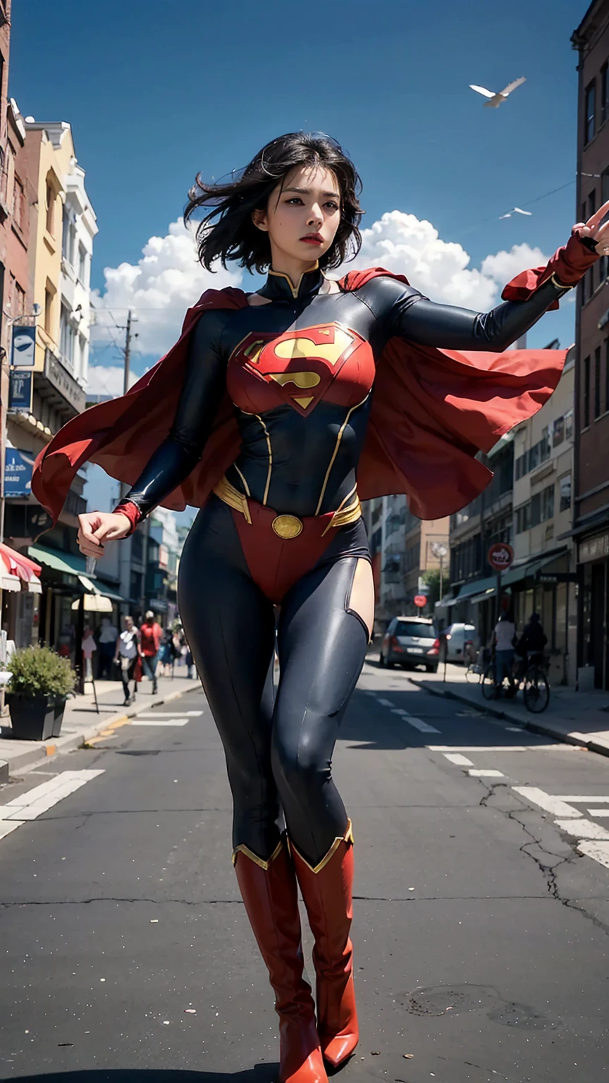 Woman wearing detailed SuperMan costume with full sleeves covering the entire body, short black hair, serious face, (flying in sky), vivid colors, dramatic lighting, red cape, cinematic costume, carbon fiber detailed suit,red boots,long legs，slender legs，full budy picture