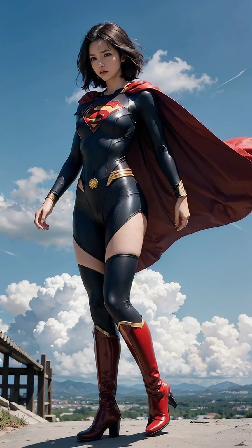 1girl, (twilight), short hair, 
(looking at viewer,( lip biting )), supergirl, cityscape, (flying),blue sky,cloud,parted lips,blue tights and boots,
intricate details,highly detailed,shiny hair,shiny skin,8k resolution,( full body)