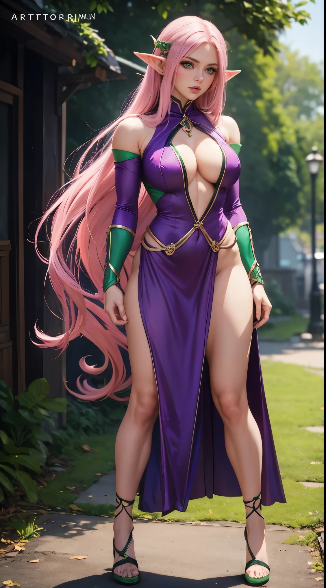 Beautiful sexy elf girl she has long pink hair and green eyes, revealing purple outfit full body portrait photography by artgerm, in the style of realism, glistening skin, cartooncore, mangacore, natural lighting, Defined full lips. Muscular fitness feminine body