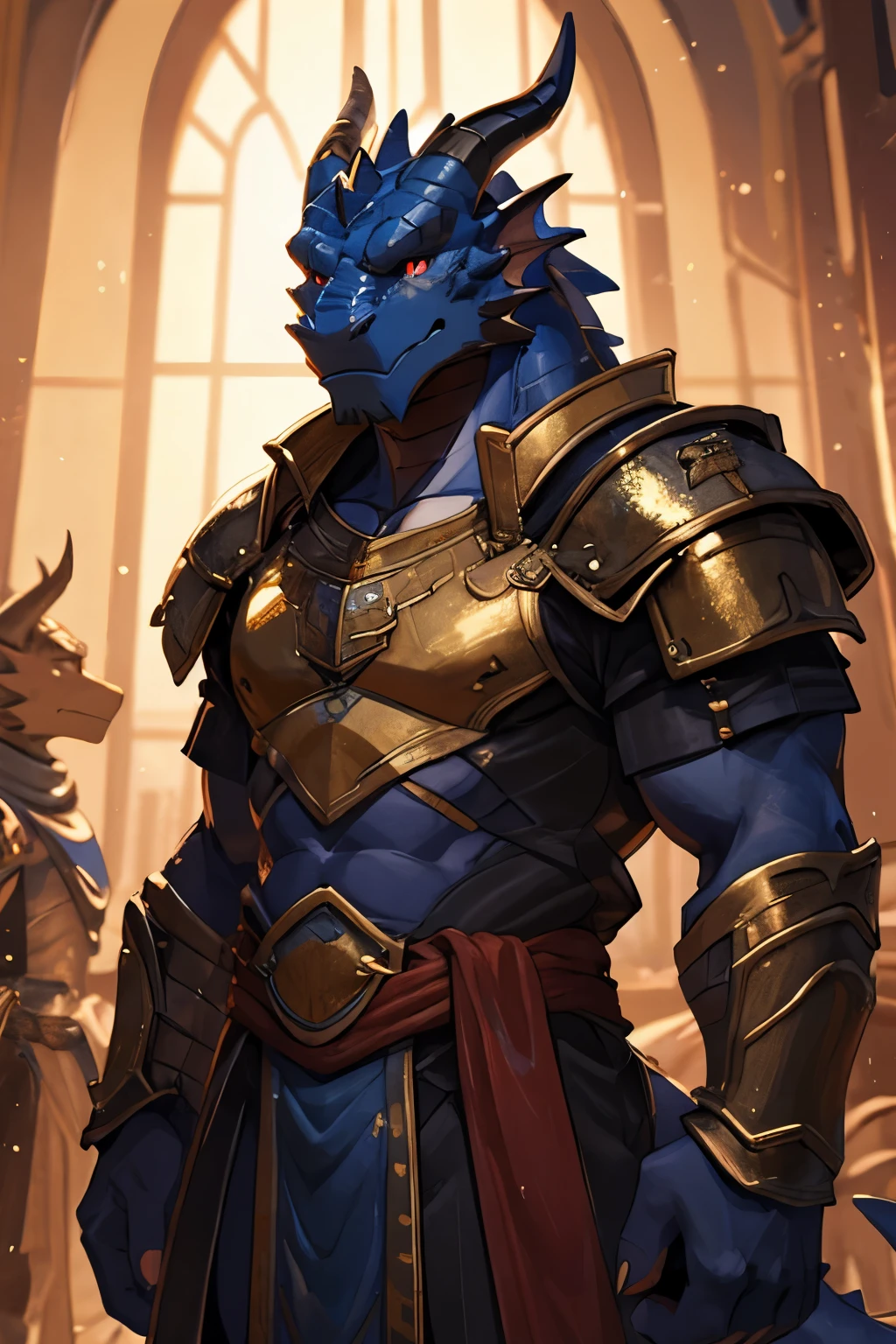 1boy, ((dragonborn)), blue scales, red eyes, big eyes, ((gold armor)), ((full armor)), strong, brave, chubby, (detailed face), full body
