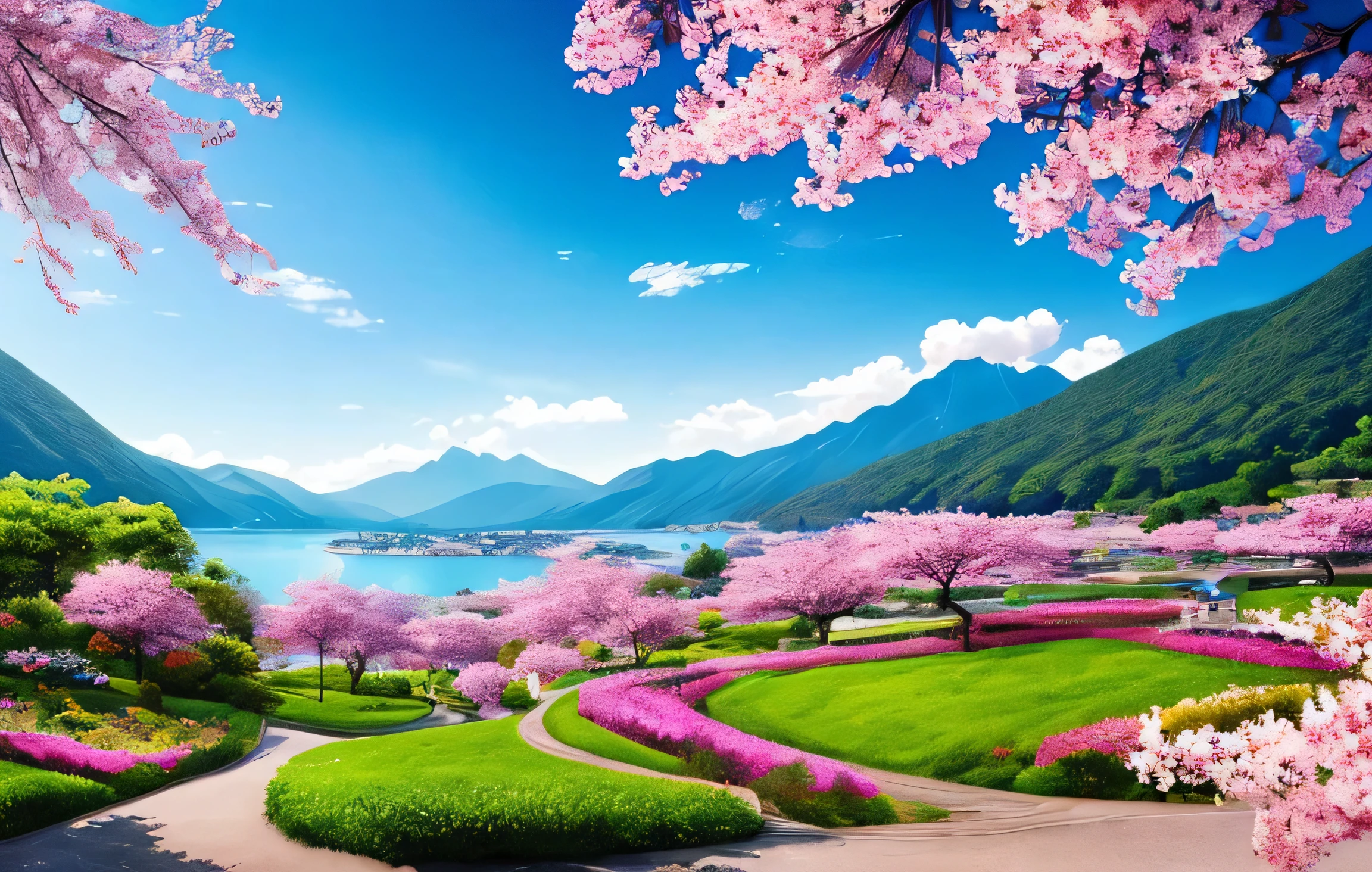 masterpiece, 最high quality, high quality,very detailed CG unity 8k wallpaper, A paradise-like place, village next to the mountain, beautiful lake , flowers, field , written boundary depth, HDR, bloom, chromatic aberration ,realistic,very detailed, Trends on ArtStation, Trending on CGsociety, Complex, high detail, dramatic, Art on the road、cherry blossoms、
