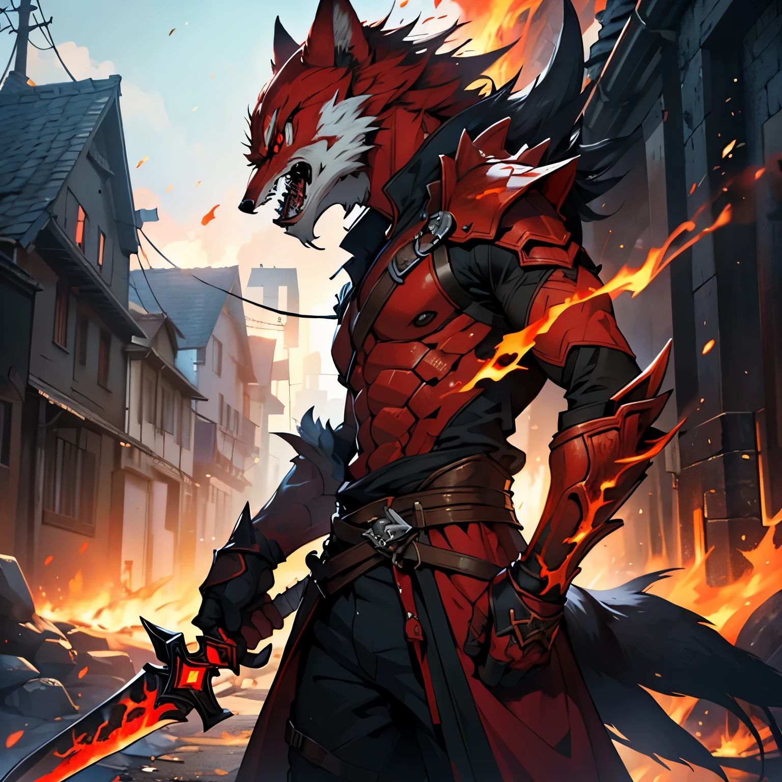 (best quality,8k,highres, masterpiece:1.2), ultra-detailed, realistic:1.37, HDR, UHD, studio lighting, ultra-fine painting, sharp focus, physically-based rendering, extreme detail description, professional, vivid colors, bokeh, portraits, concept artists, warm color palette, dramatic lighting, hair damaged by fire, 1 man, red eyes, serious expression, Monster Hunter style, bastard sword on his hands,shining Red eyes full of madness, a wall of flames,red wolf head accessory is on his head,
