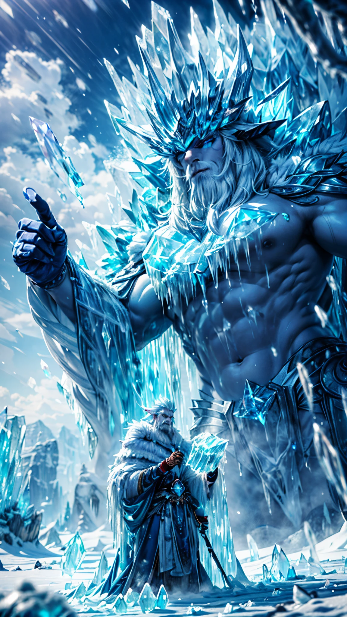 (good structure),high dynamic range,ultra high definition,8k,Ice Giant,Giant Clan, air bubble, blue eyes, bubble, cloud, cloudy sky, day, ice, male focus, mountain,Frozen on the body,iceberg,One arm, open mouth, outdoors, polearm, rock, sky, weapon, white hair,Incomplete body,1girl