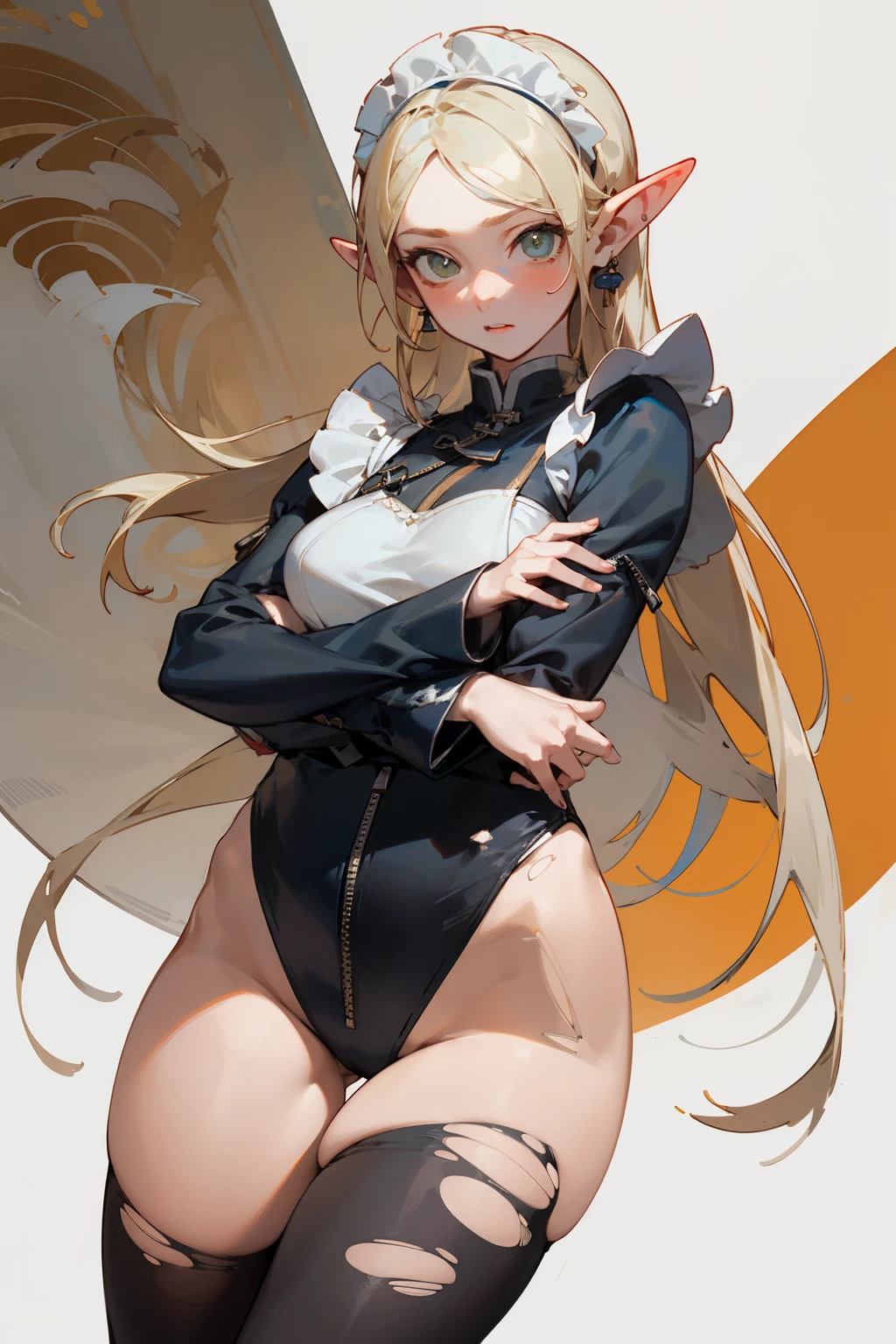 (masterpiece, best quality) detailed, Wearing black tights, silver accessories , zipper unzipped , Blonde ,elegant, pointed ears ，Chinese element pattern，thigh，漏出thigh，White clothes，White maid，torn clothes，
