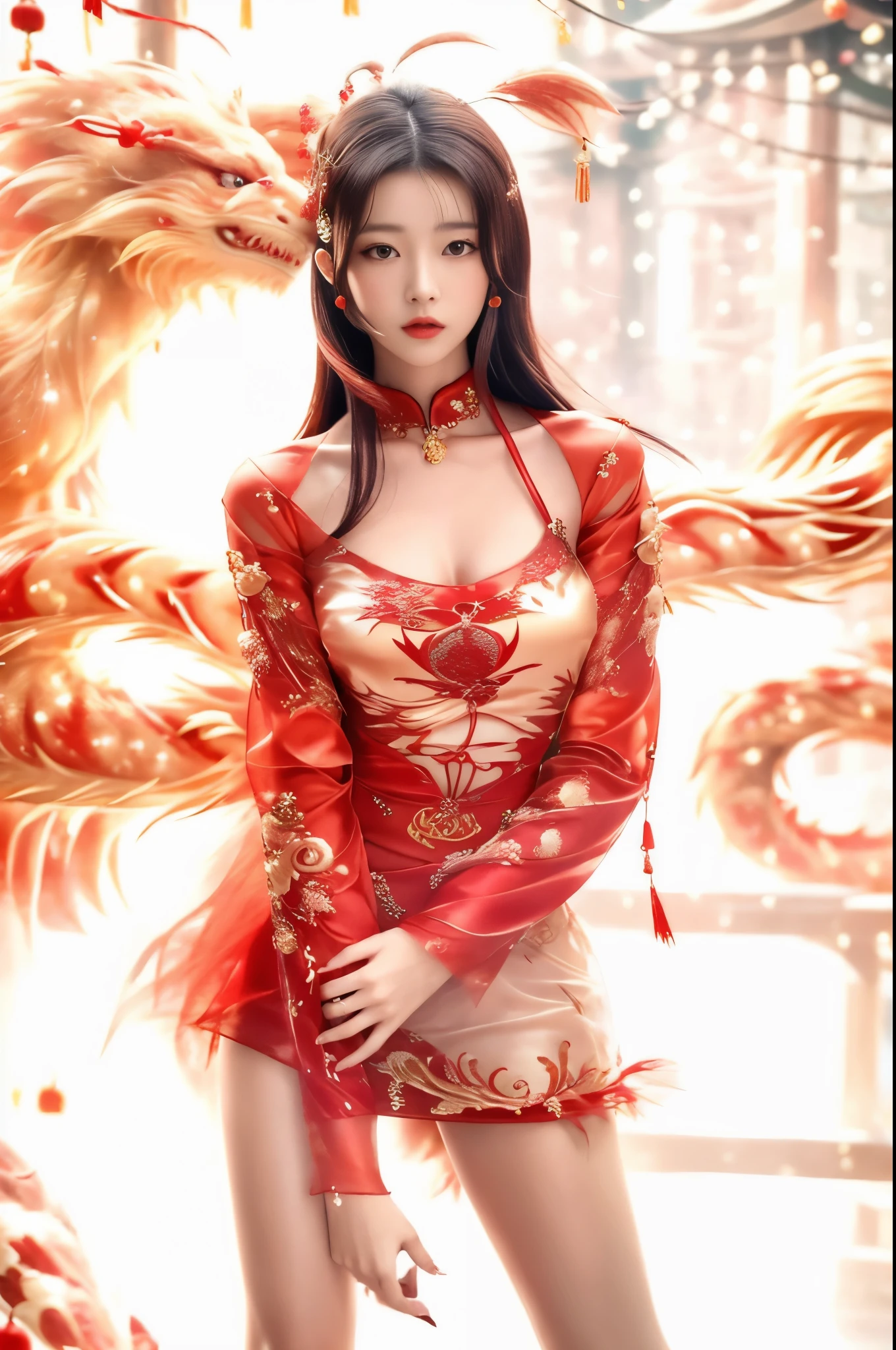 best quality， masterpiece， high resolution，A Chinese beauty in a red dress，Surrounded by many cute dragons，The dragon has golden scales and embroidered patterns on its body，Full of Chinese New Year atmosphere，Incorporating Chinese dragon elements，Photography style using light and shadow，Use a wide aperture，Super detailed，High-resolution，High-quality。Two-tone lighting，（High detail skin：1.2），8k HD，soft lighting，high quality，Volumetric lighting，frank，photo，high resolution，Bokeh