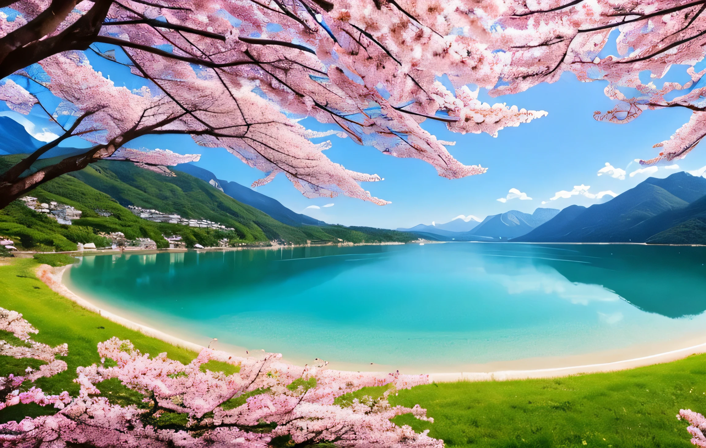 masterpiece, 最high quality, high quality,very detailed CG unity 8k wallpaper, A paradise-like place, village next to the mountain, beautiful lake , flowers, field , written boundary depth, HDR, bloom, chromatic aberration ,realistic,very detailed, Trends on ArtStation, Trending on CGsociety, Complex, high detail, dramatic, Art on the road、cherry blossoms、