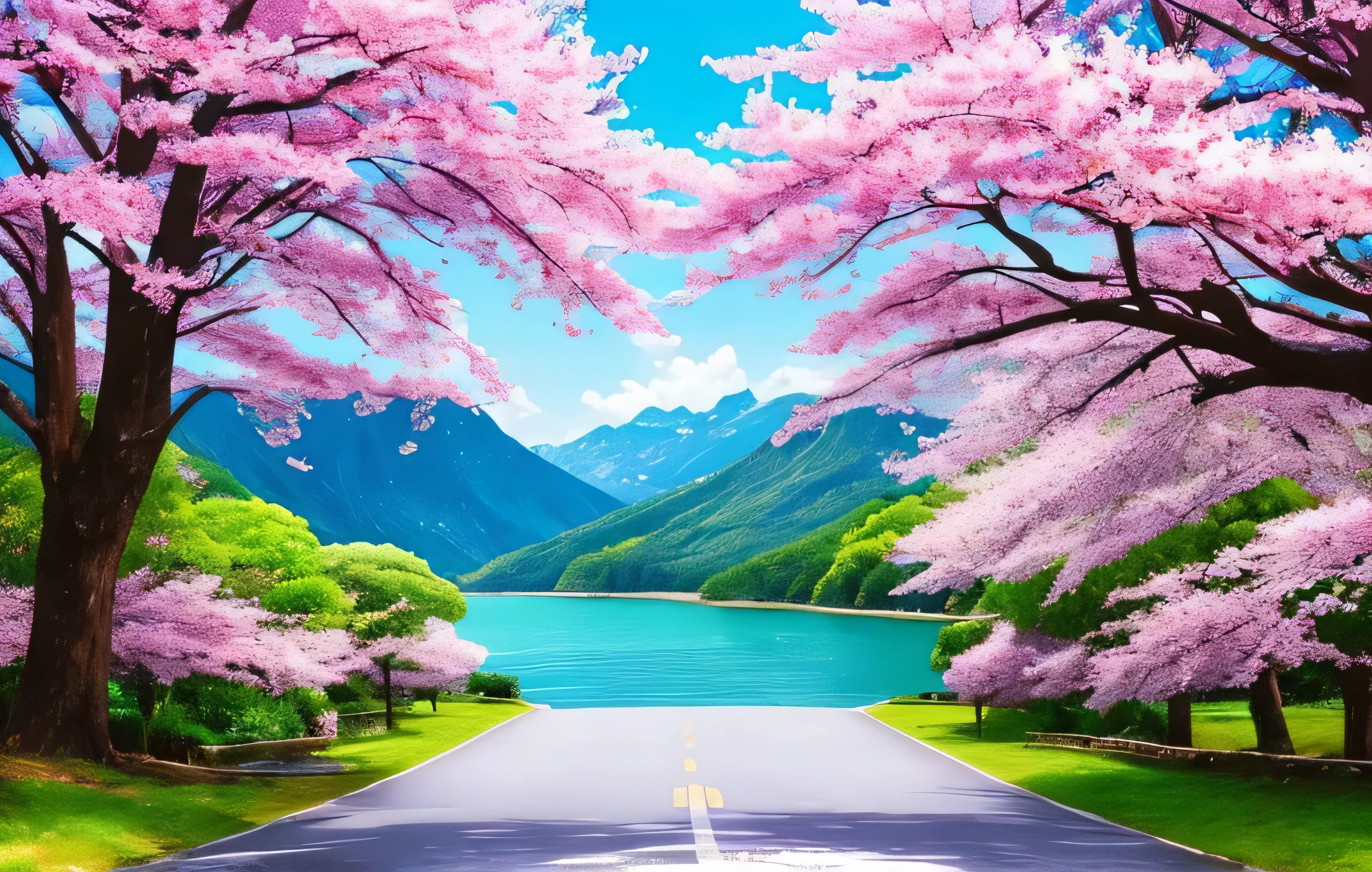 masterpiece, 最high quality, high quality,very detailed CG unity 8k wallpaper, A paradise-like place, village next to the mountain, beautiful lake , flowers, field , written boundary depth, HDR, bloom, chromatic aberration ,realistic,very detailed, Trends on ArtStation, Trending on CGsociety, Complex, high detail, dramatic, Art on the road、cherry blossoms、