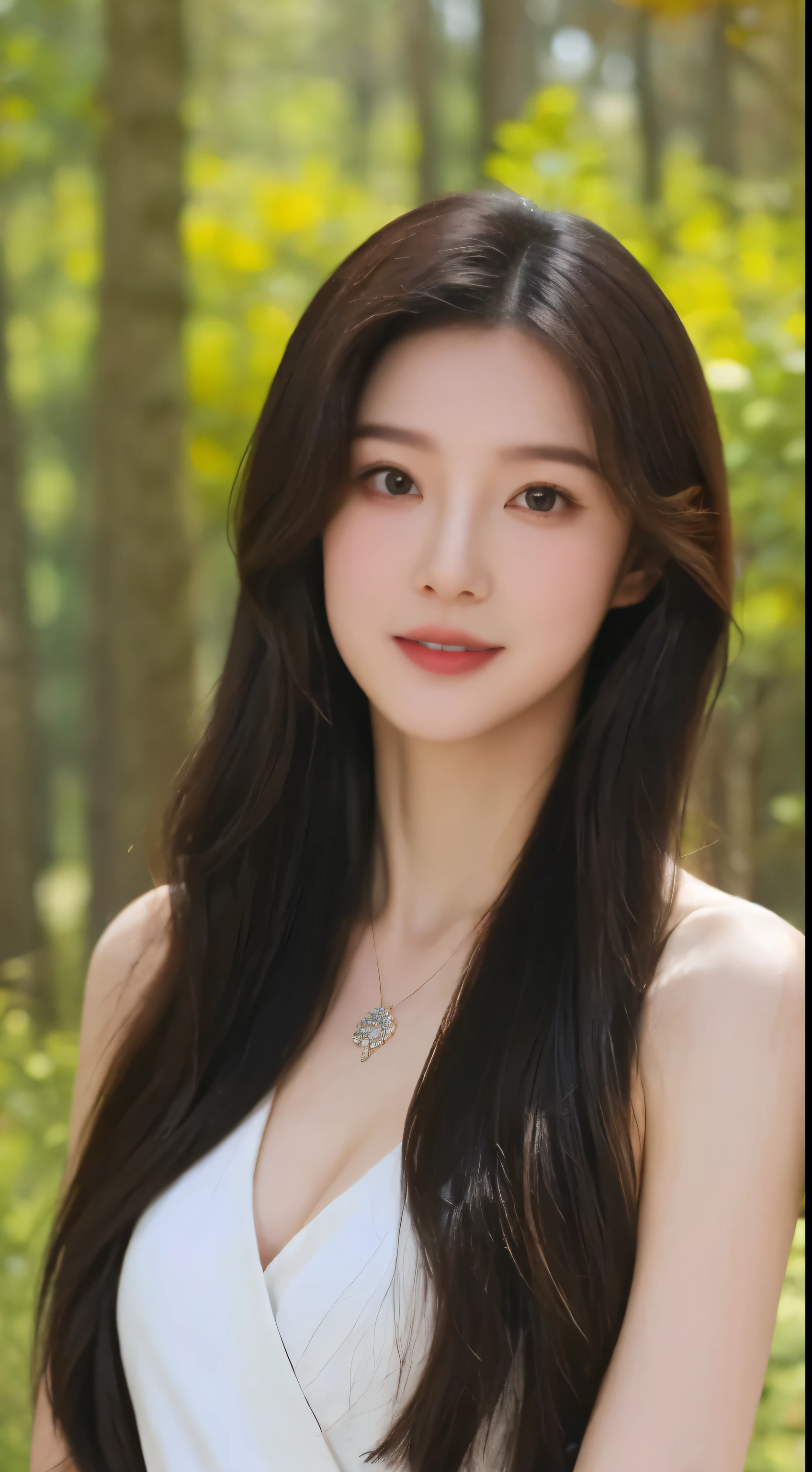 best quality， ultra high resolution， （realistically：1.4）， Baoyu Girl， A pair of clear and charming peach blossom eyes,Royal sister，The sun shines on the face，Long curly hair，（in the woods：1.4），（necklace：1.2），（White skin：1.4），（Full body female love：1.2）a sense of atmosphere，a beautiful girl， Smile，looking directly at the viewer， Close-up cleavage ，(lifelike:1.4),1 girl,Sexy,(Upper body:1.4),(wet),(:1.2)