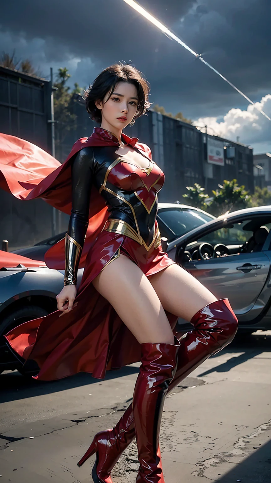 Woman wearing detailed and glossy SuperMan costume with full sleeves covering the entire body, short black hair, serious face, (flying in sky), vivid colors, dramatic lighting, red cape, cinematic costume, carbon fiber detailed suit,red boots,red over-the-knee boots,long legs，slender legs，full budy picture