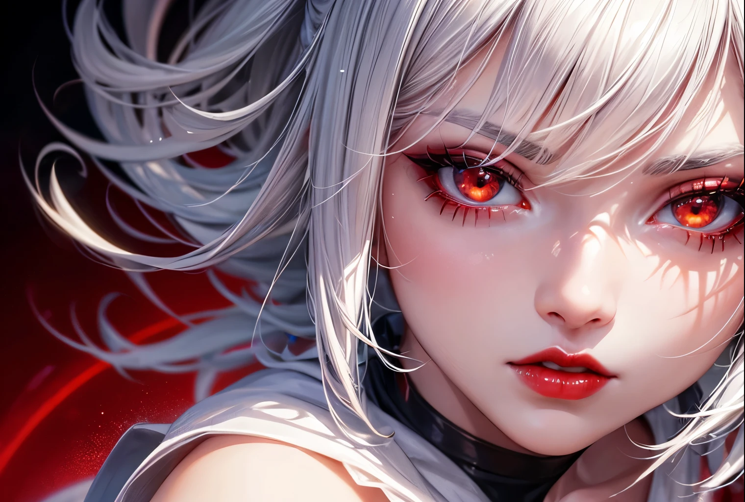 Woman, casual clothing, white hair, eyeliner, red lips, 2d background, Surrealism, cinematic lighting, close-up, god rays, UHD, ccurate, masterpiece, textured skin, super detail, high quality