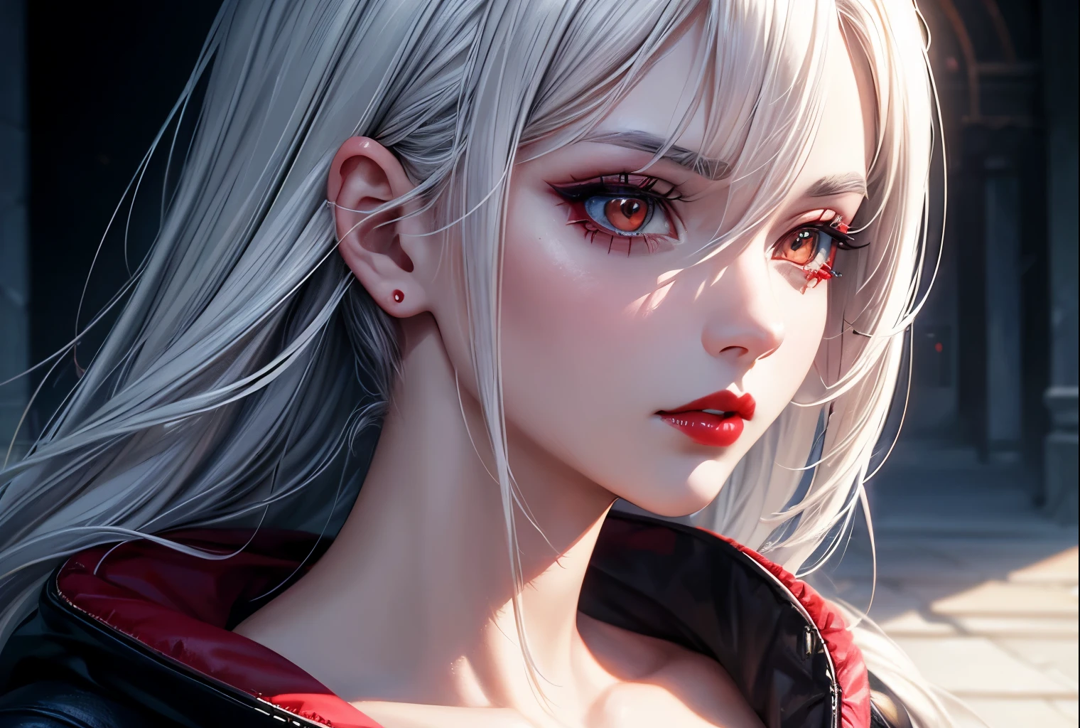 Woman, casual clothing, white hair, eyeliner, red lips, 2d background, Surrealism, cinematic lighting, close-up, god rays, UHD, ccurate, masterpiece, textured skin, super detail, high quality