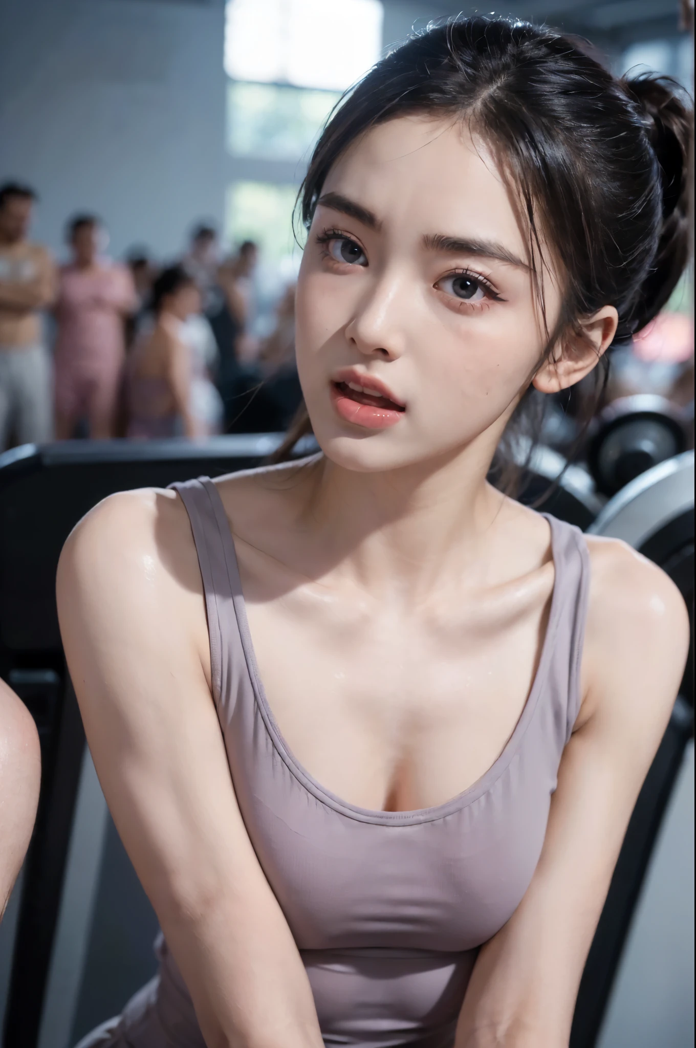 ((((8k))),((Extremely meticulous CG)) ,(wallpaper),16k,((Extremely refined and beautiful)),(((Masterpiece))),(((best qualtiy))),(((Ultra High Resolution))),beautiful light up,Perfect lightning,realistic shaded,(high resolution),(Smooth and flawless fair skin:1.5),(pale skin:1.3),Extremely exquisite facial details,(perfect body:1.1),(ultra-detailed),(a beautiful girl,solo),(small head:1.2),(short pony tail:1.2),(small face:1.2,(Exquisite makeup:1.3),((slim,thin)),(small breasts:1.2),(flat chest:1.2),(strapgray light purple_gray yoga tank top:1.3),(day scene:1.5),(indoor:1.3),(in the gym:1.5),((Many fitness equipment, treadmills, dumbbells)),(detailed background:1.5),(standing:1.3),(close-up of face:1.3),(from front:1.2),(shiny skin:1.5),(sweat:1.3),(close eyes:1.5),(open mouth:1.5),(blush:1.3),(female orgasmic:1.3),(ahegao:1.3),(hands behind back:1.2),(surrounded by crowded crowds of strong men:1.5)