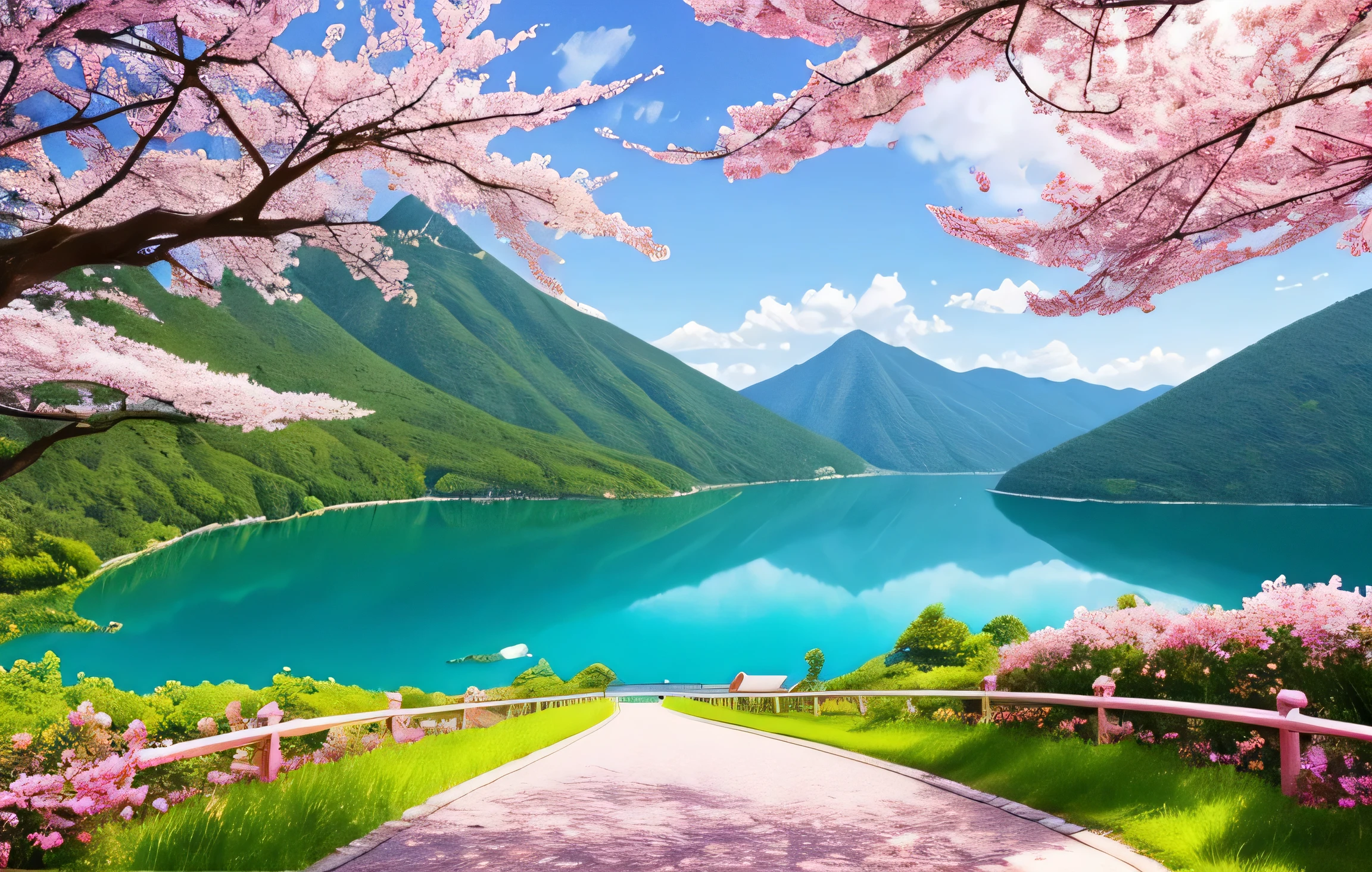 masterpiece, 最high quality, high quality,very detailed CG unity 8k wallpaper, A paradise-like place, village next to the mountain, beautiful lake , flowers, field , written boundary depth, HDR, bloom, chromatic aberration ,realistic,very detailed, Trends on ArtStation, Trending on CGsociety, Complex, high detail, dramatic, Art on the road、cherry blossoms、