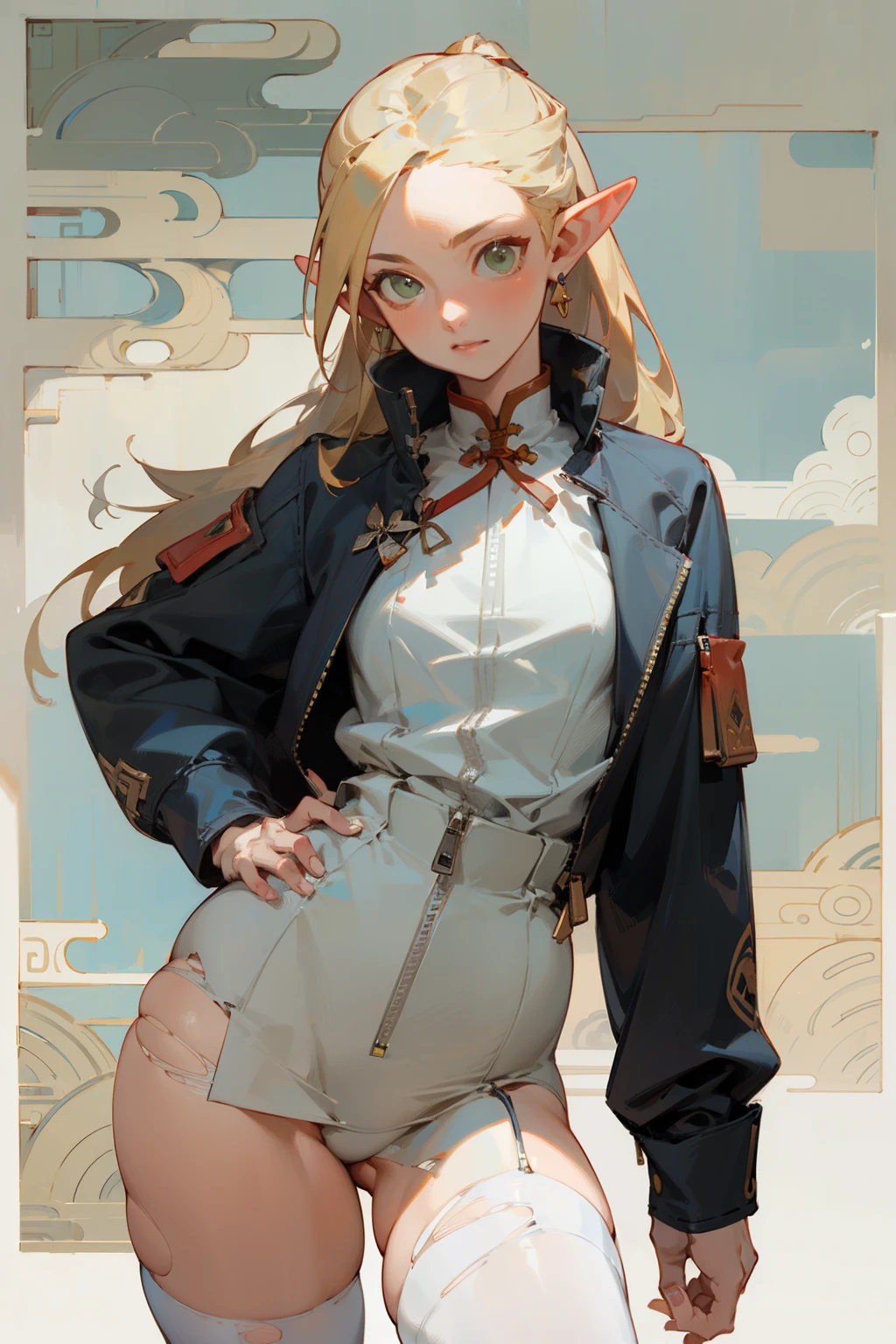 (masterpiece, best quality) detailed, Wearing white tights, silver accessories , zipper unzipped , Blonde ,elegant, pointed ears ，Chinese element pattern，thigh，漏出thigh，White shirt，torn clothes，Alphonse Mucha