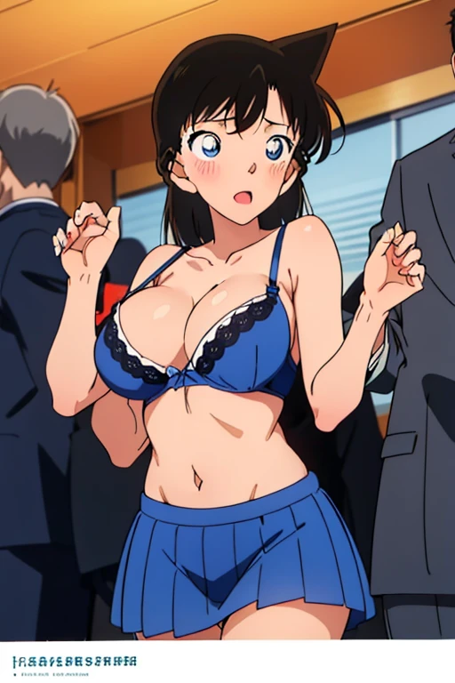 (1 old man, grab someone else's chest, grab from behind, groping, hetero:1.2), highest quality, High resolution, 1 girl, focus only, (big breasts),cleavage、it is in it, white shirt,black bra、 blue skirt, blue panties, blush, embarrassing, (From before:1.2)、high resolution、anime drawing、looking at the camera